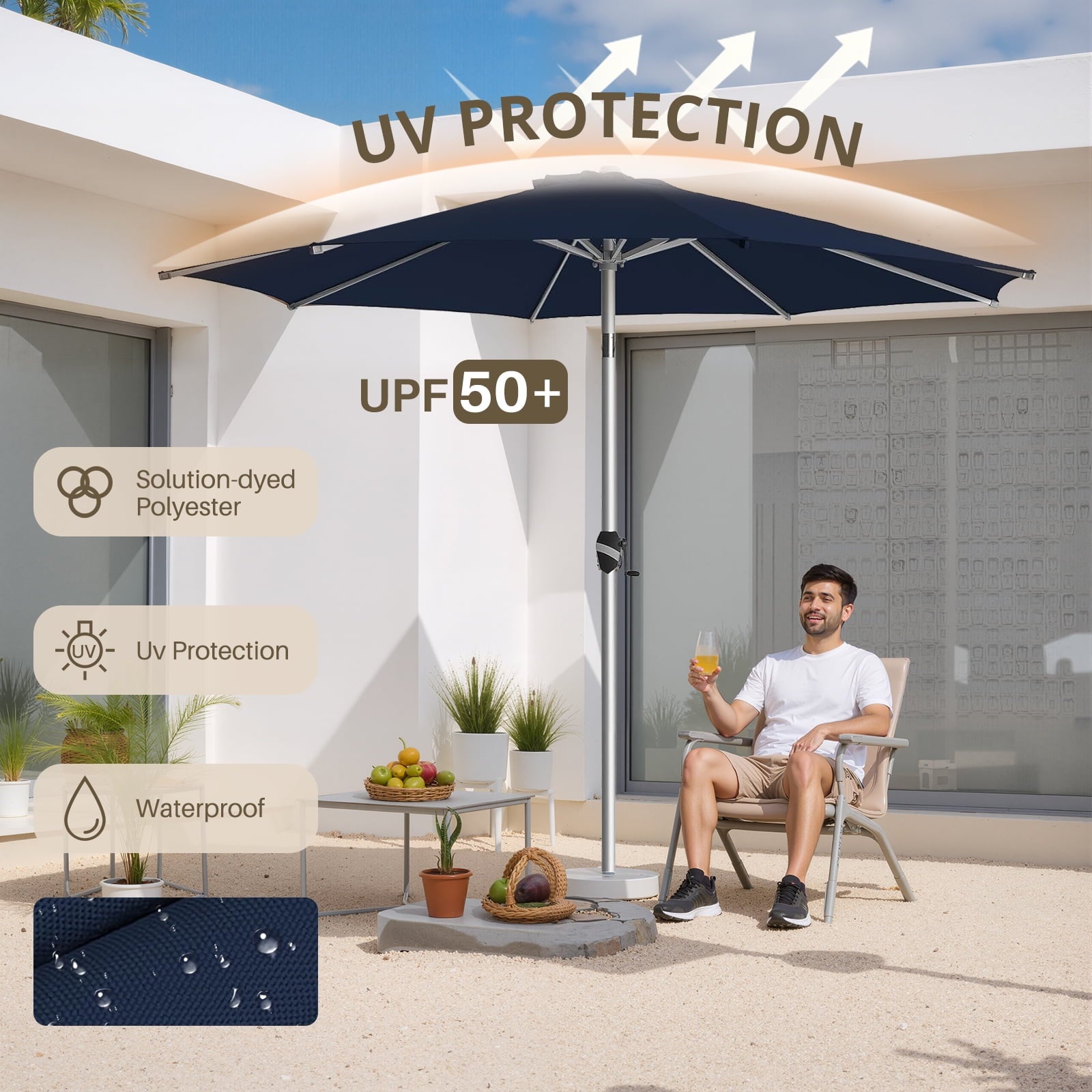 Patio Umbrella, 9 FT Outdoor Umbrellas Waterproof for Pool Table Deck Porch Yard Garden, Market Umbrella with 8 Sturdy Ribs, Push Button Tilt and Crank