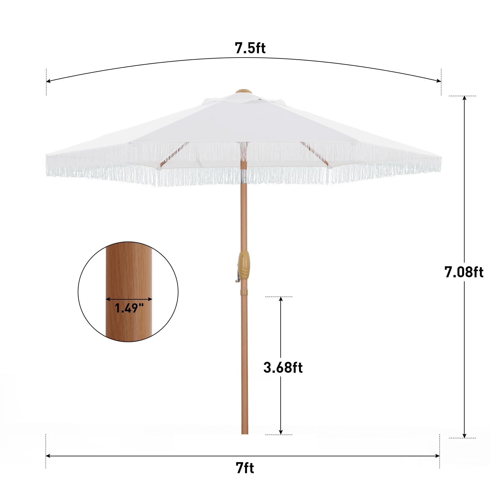 Autlaycil 7.5 ft Fringe Patio Umbrella, Outdoor Table Tassels Umbrella with Push Button Tilt and Crank (White)