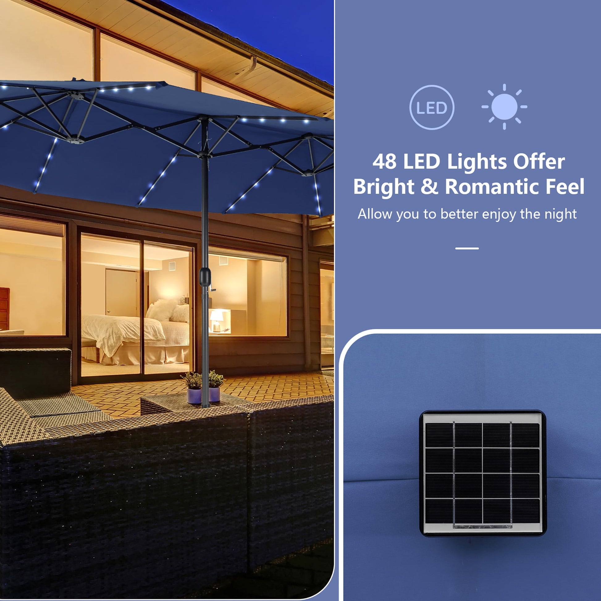 Gymax Outdoor 15' Double-Sided Patio Umbrella 48 Solar LED Lights Crank & Base Navy