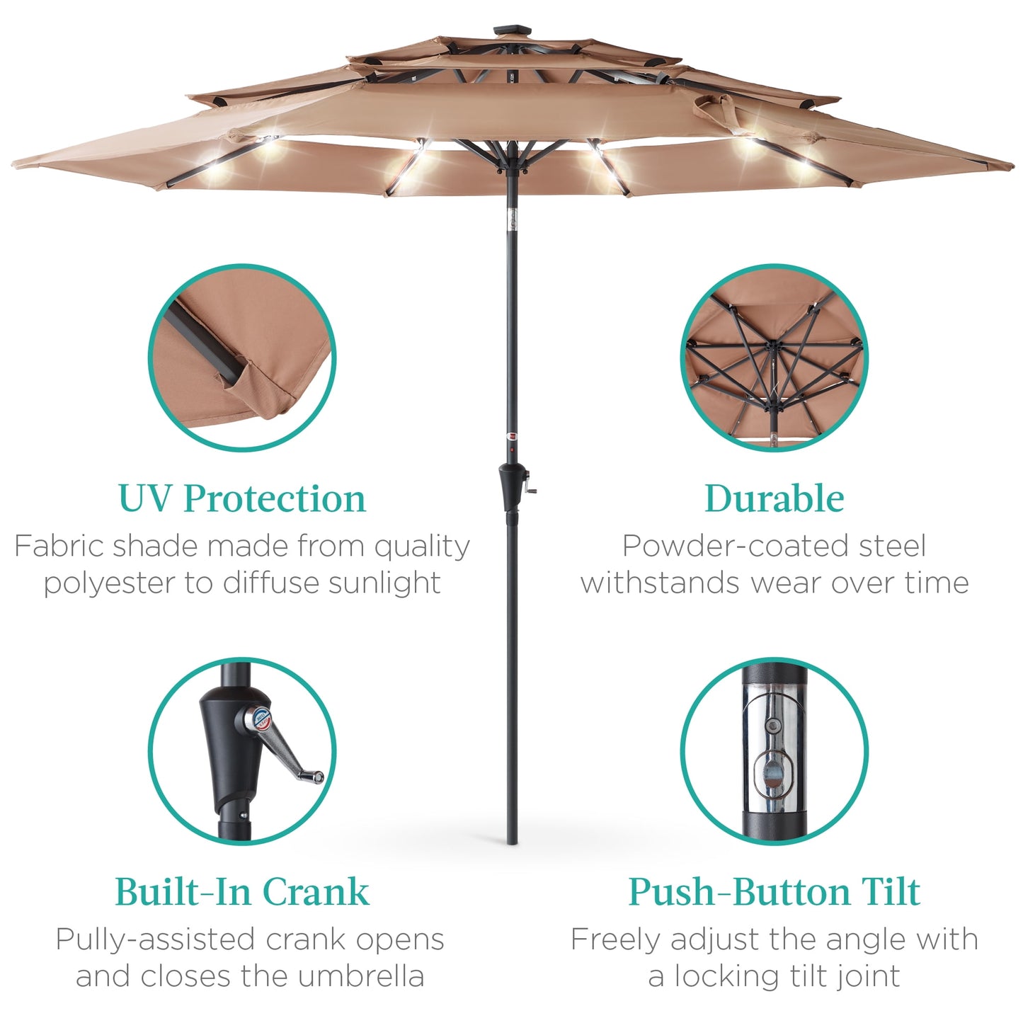 Best Choice Products 10ft 3-Tier Solar Patio Umbrella w/ 24 LED Lights, Tilt Adjustment, Easy Crank - Tan