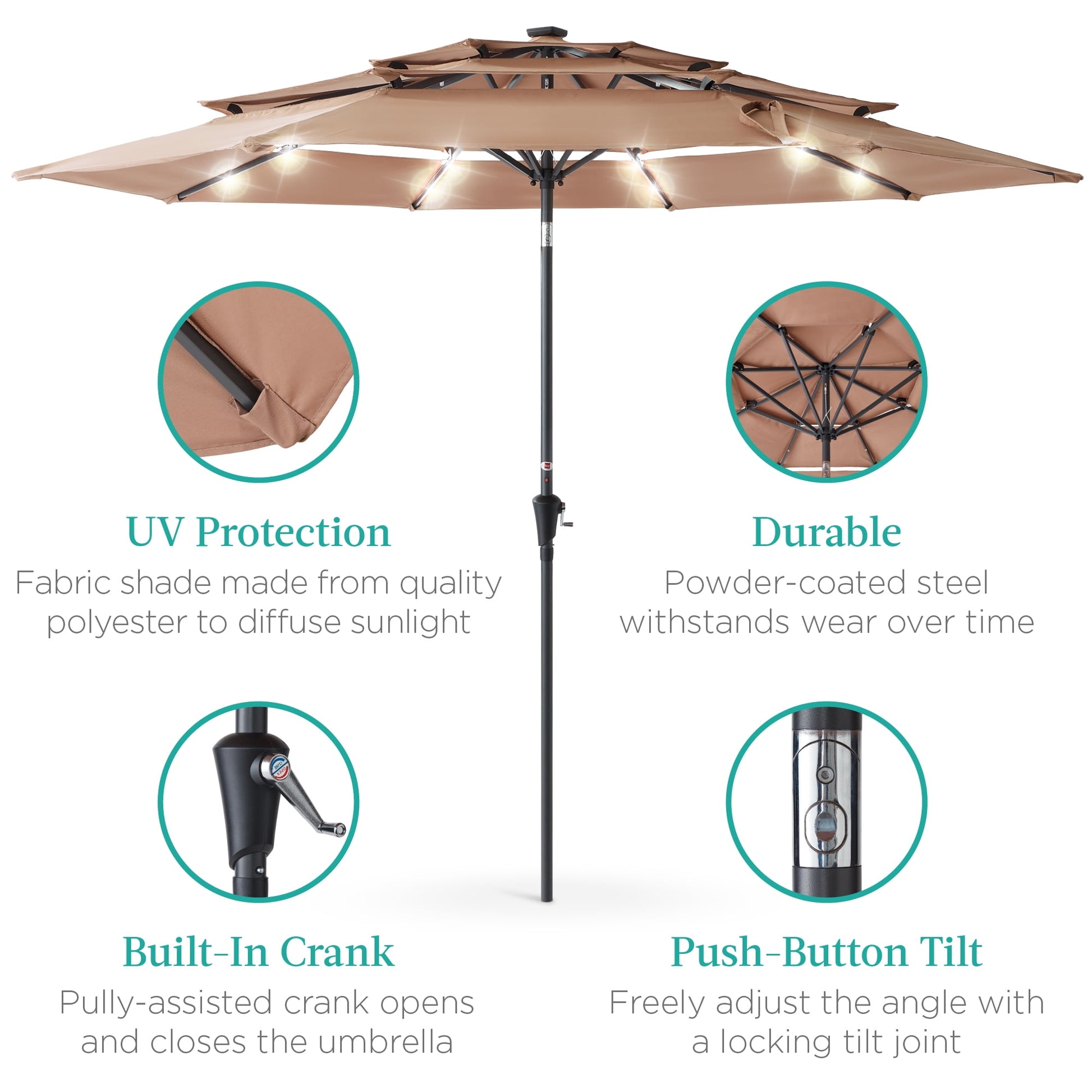Best Choice Products 10ft 3-Tier Solar Patio Umbrella w/ 24 LED Lights, Tilt Adjustment, Easy Crank - Tan