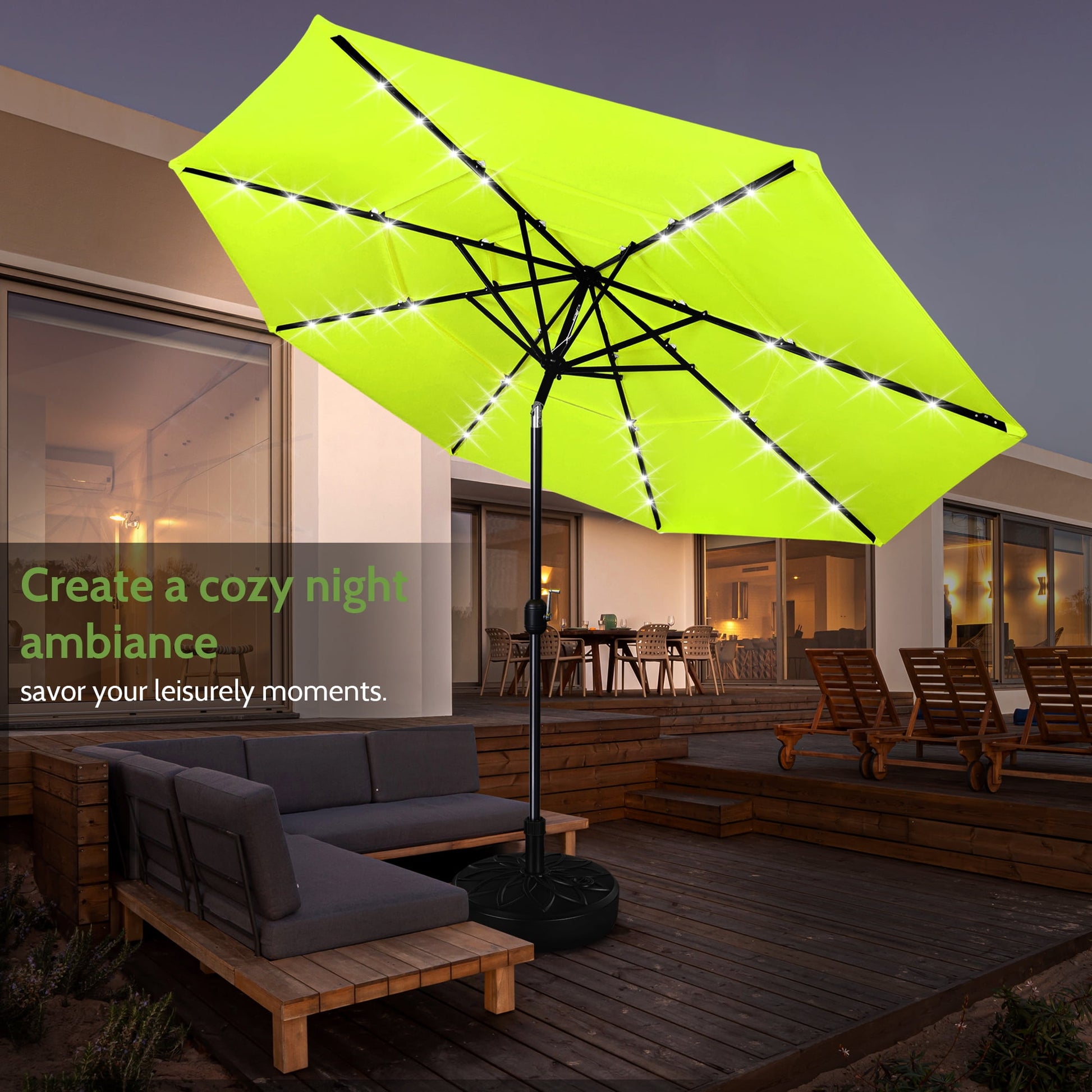 Scafild | 10ft Outdoor Patio Umbrellas with Solar Lights, 3 Tier Vented Large Market Table Umbrella with 8 Sturdy Ribs & 1.5" Pole UV Protection for Garden Deck Backyard Pool - Apply Green
