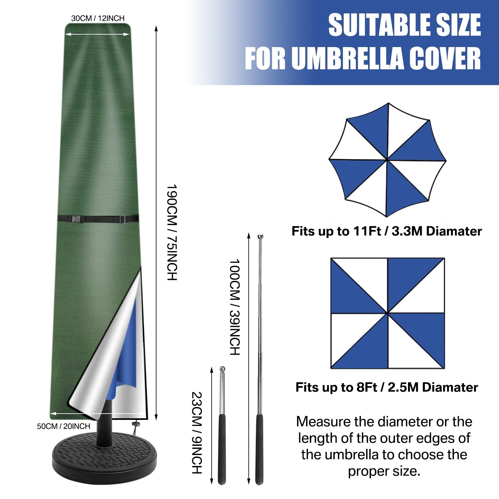 Patio Umbrella Cover for 8ft to 11ft Garden Outdoor Umbrella with Zipper and Rod,Waterproof and Durable,Green