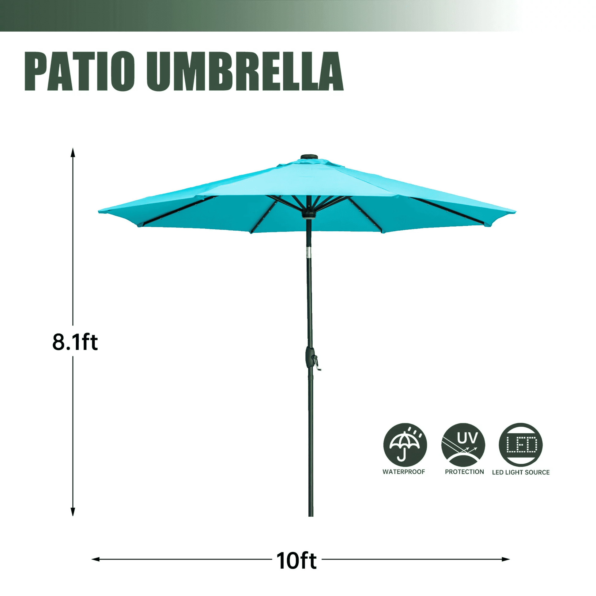 Ainfox 10ft Patio Umbrella Outdoor Solar Powered with 40 LED Lights,One Center Light and 8 Sturdy Ribs Without Base(Bule)