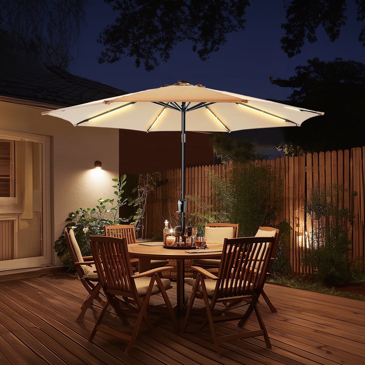 9FT Outdoor Solar LED Lighted Patio Umbrella with 8 LED Strip Lights & 8 Ribs, Convenient Crank Lift System,for Gargen,Yard,Home,Pool