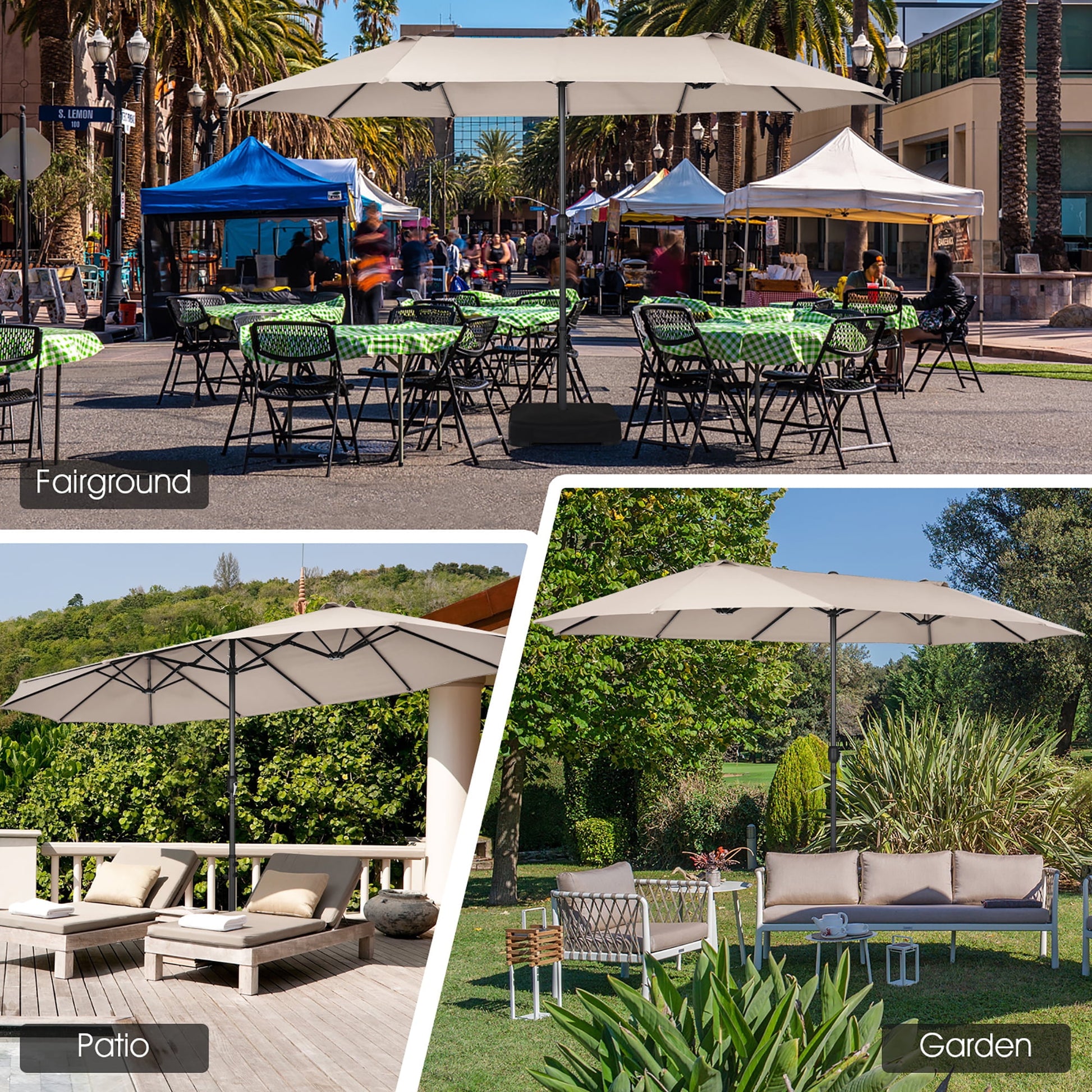 Costway 15ft Beige Patio Double-Sided Umbrella, Crank Lift