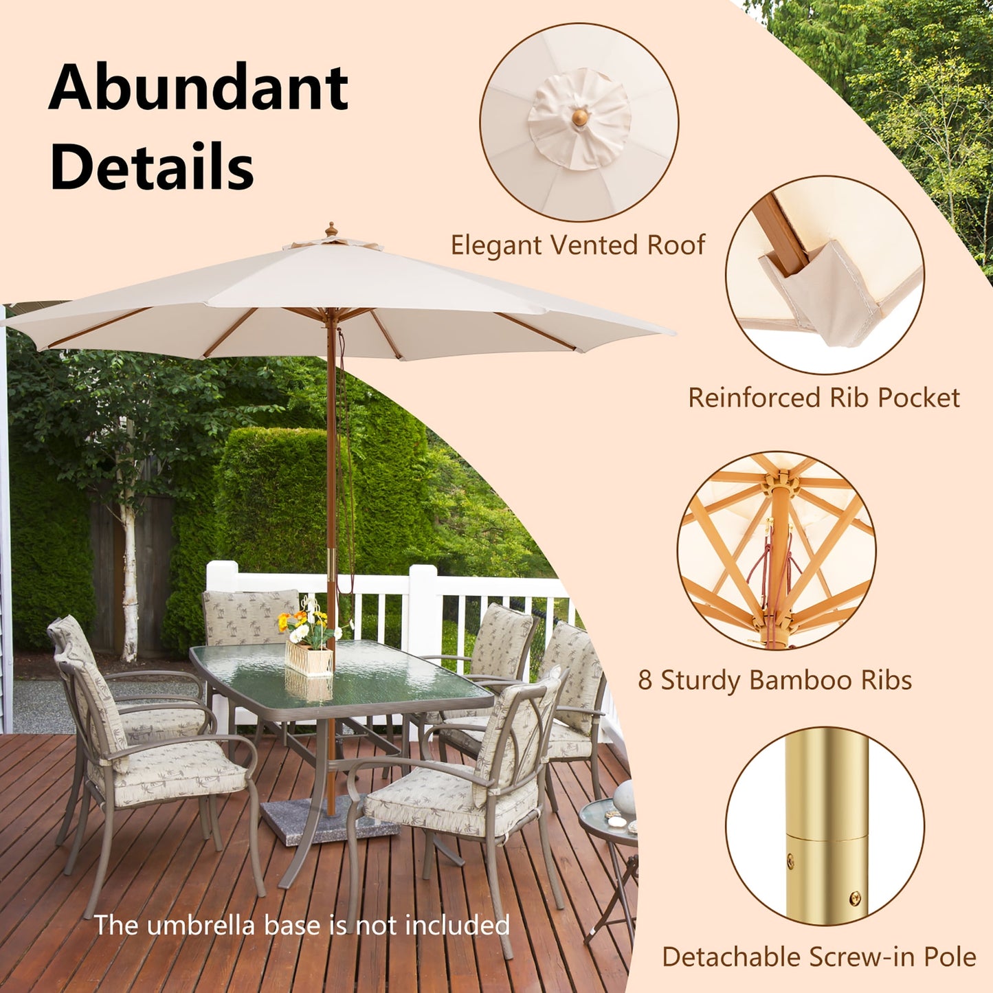 10FT Patio Wooden Market Table Umbrella Pulley w/8 Bamboo Ribs Sunshade Canopy Beige
