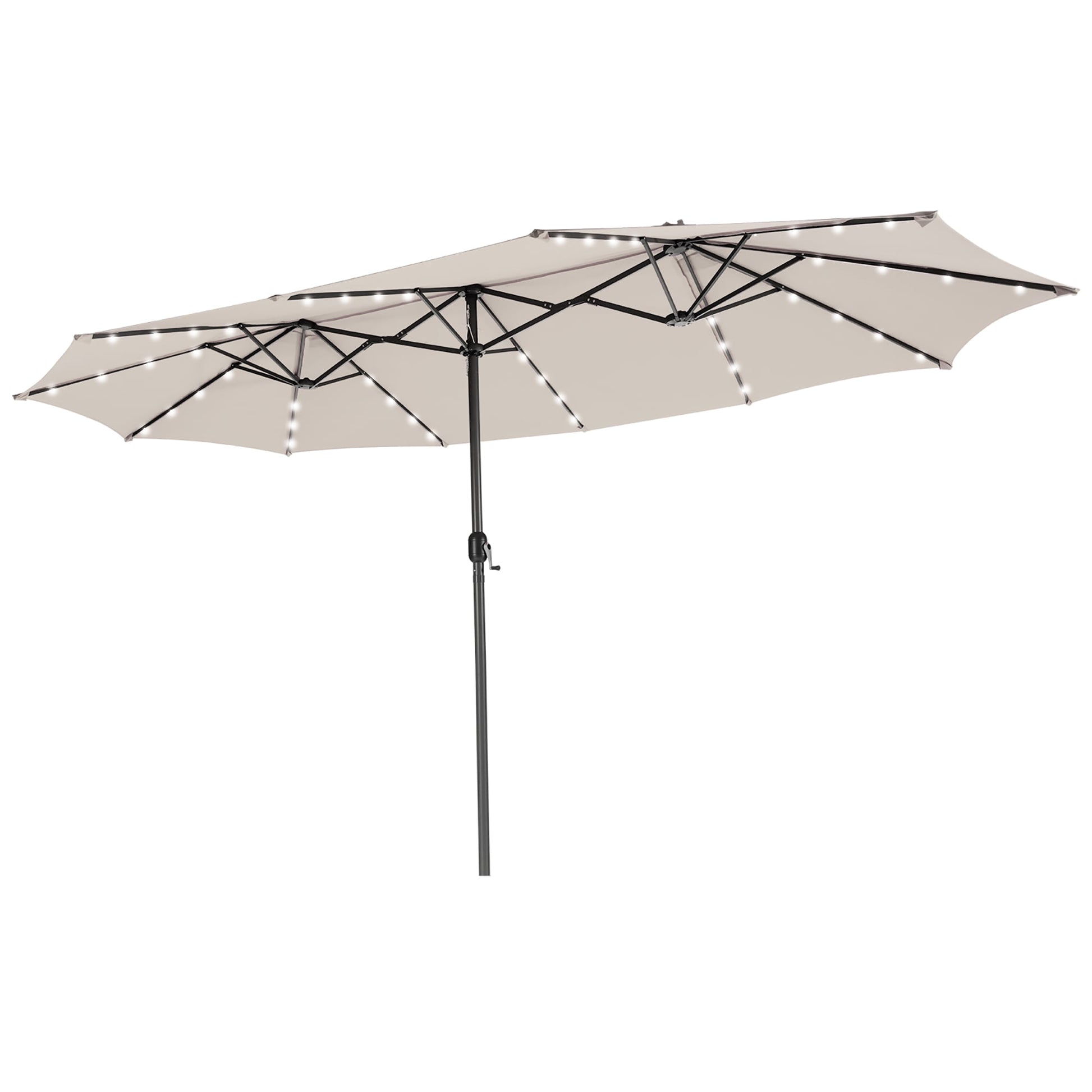 Costway 15FT Twin Patio Double-Sided Umbrella 48 Solar LED Lights Crank Outdoor Beige