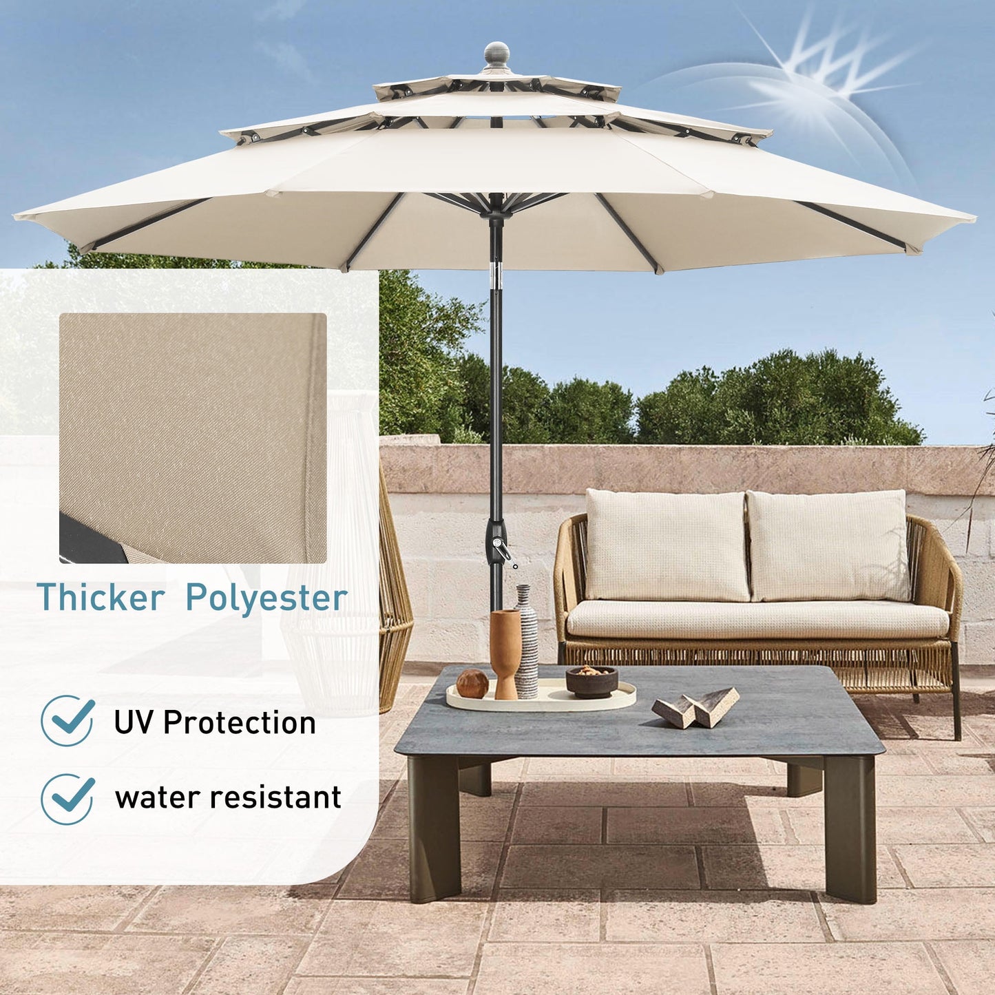 Autlaycil 10' Patio Umbrella 3 Tiers with Tilt and Crank for Outdoor, Pool, Beach, Garden,Khaki