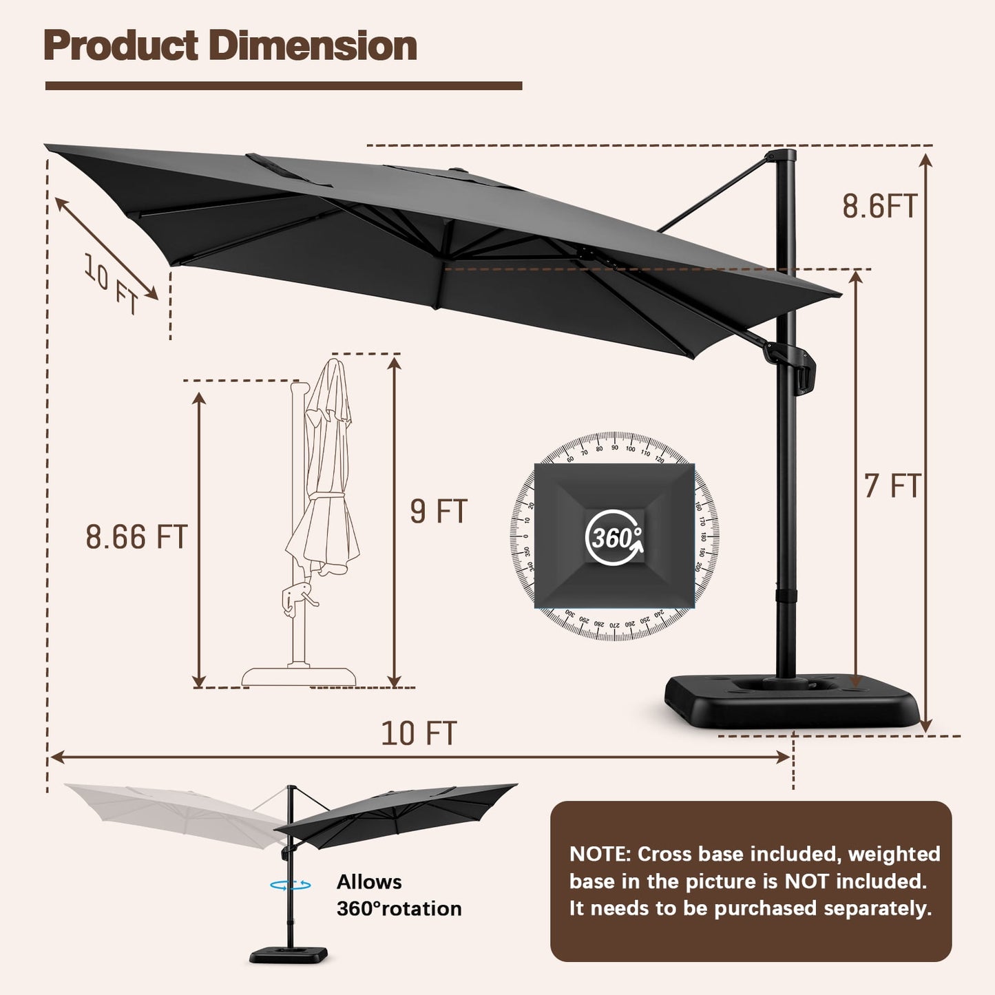 HOTEEL 10 Ft Patio Umbrella Outdoor Cantilever Square Umbrella Aluminum Offset Umbrella with Base, 360° Rotation，Gray