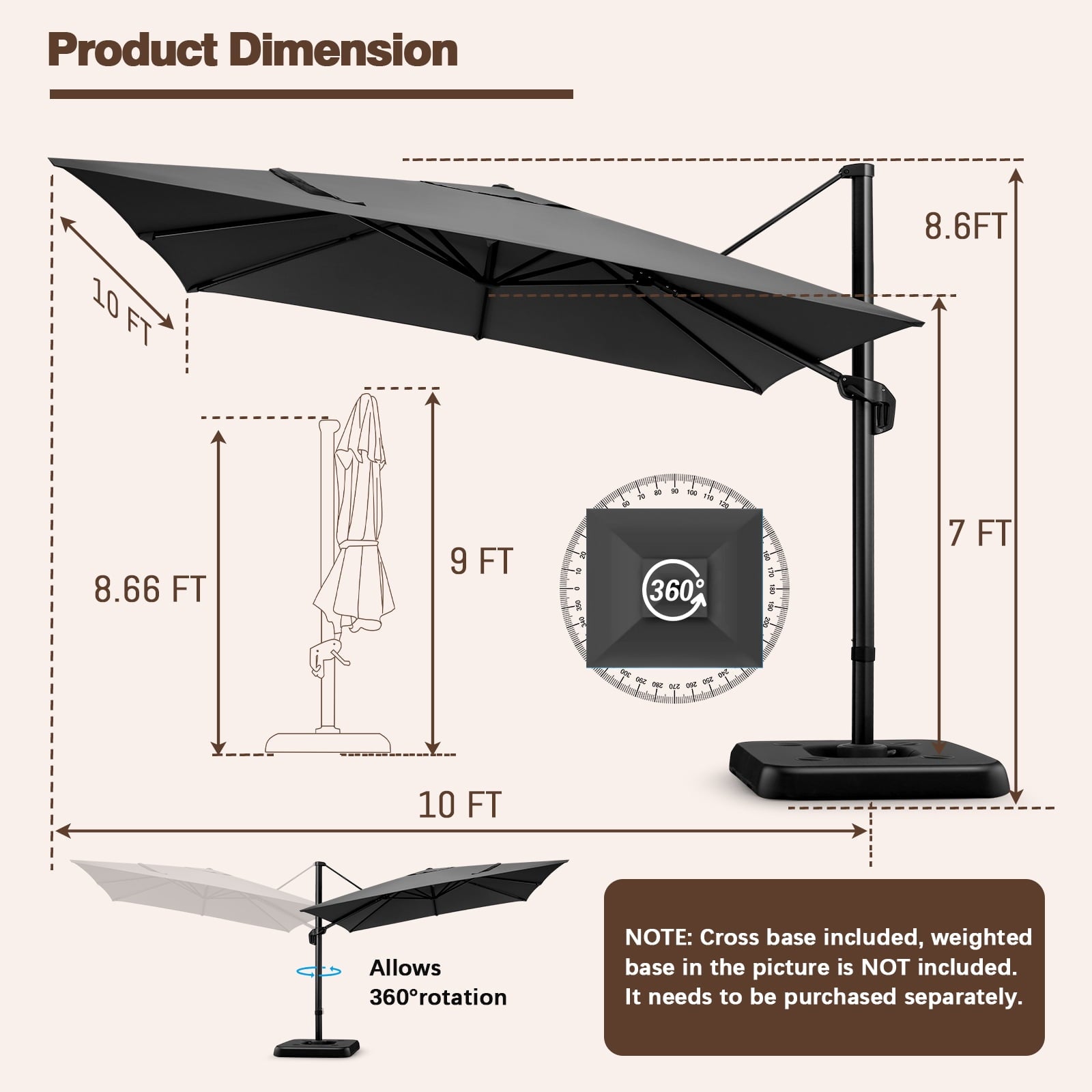 HOTEEL 10 Ft Patio Umbrella Outdoor Cantilever Square Umbrella Aluminum Offset Umbrella with Base, 360° Rotation，Gray