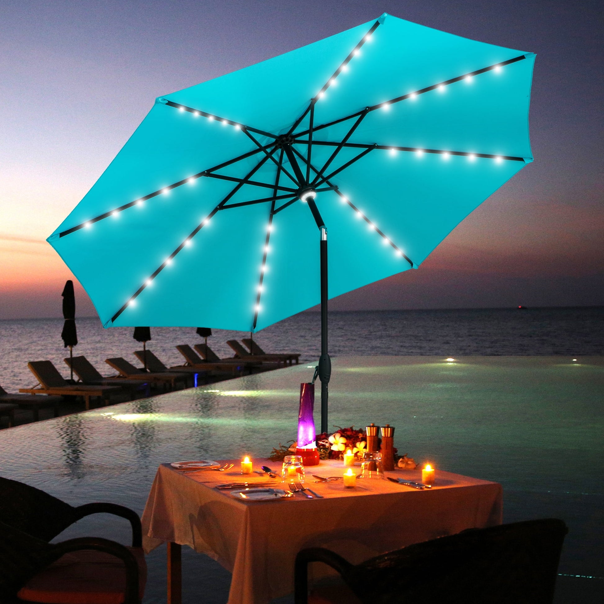 Autlaycil 10 ft Solar Patio Umbrellas with 40 LED lights for Market Outdoor Pool, Steel Tilt Crank, Blue