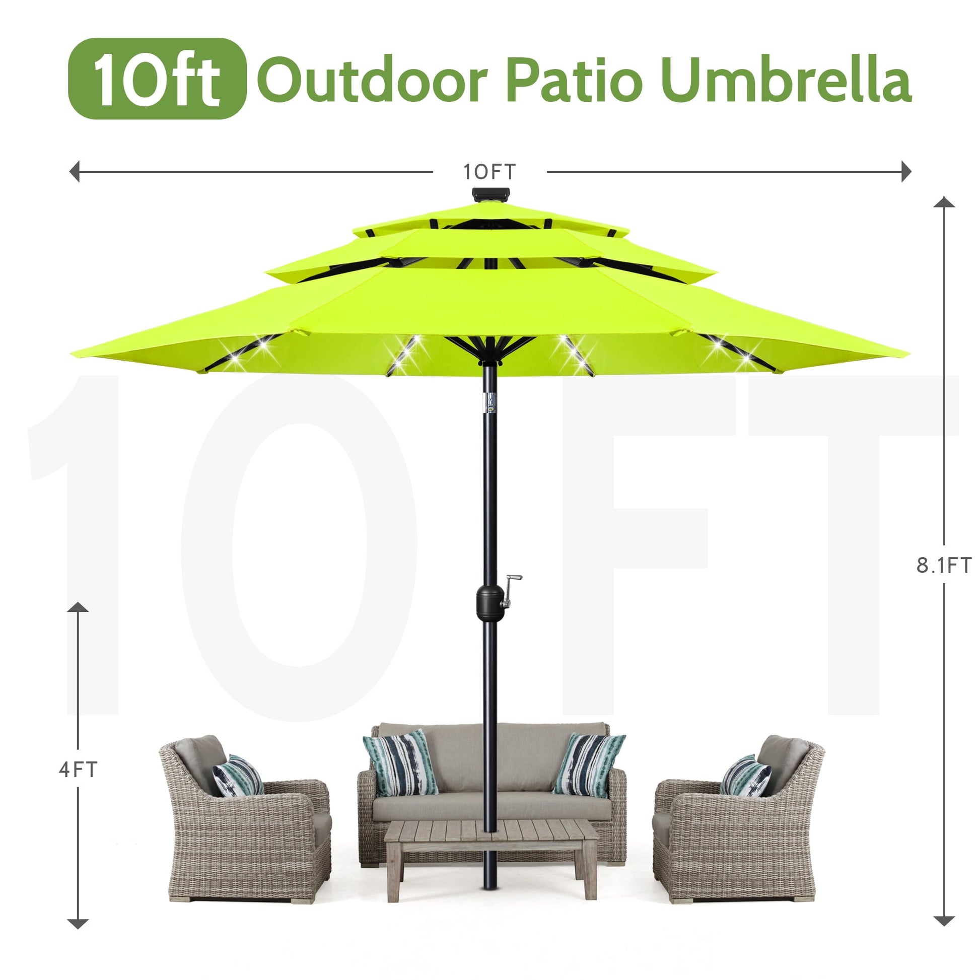 Scafild | 10ft Outdoor Patio Umbrellas with Solar Lights, 3 Tier Vented Large Market Table Umbrella with 8 Sturdy Ribs & 1.5" Pole UV Protection for Garden Deck Backyard Pool - Apply Green
