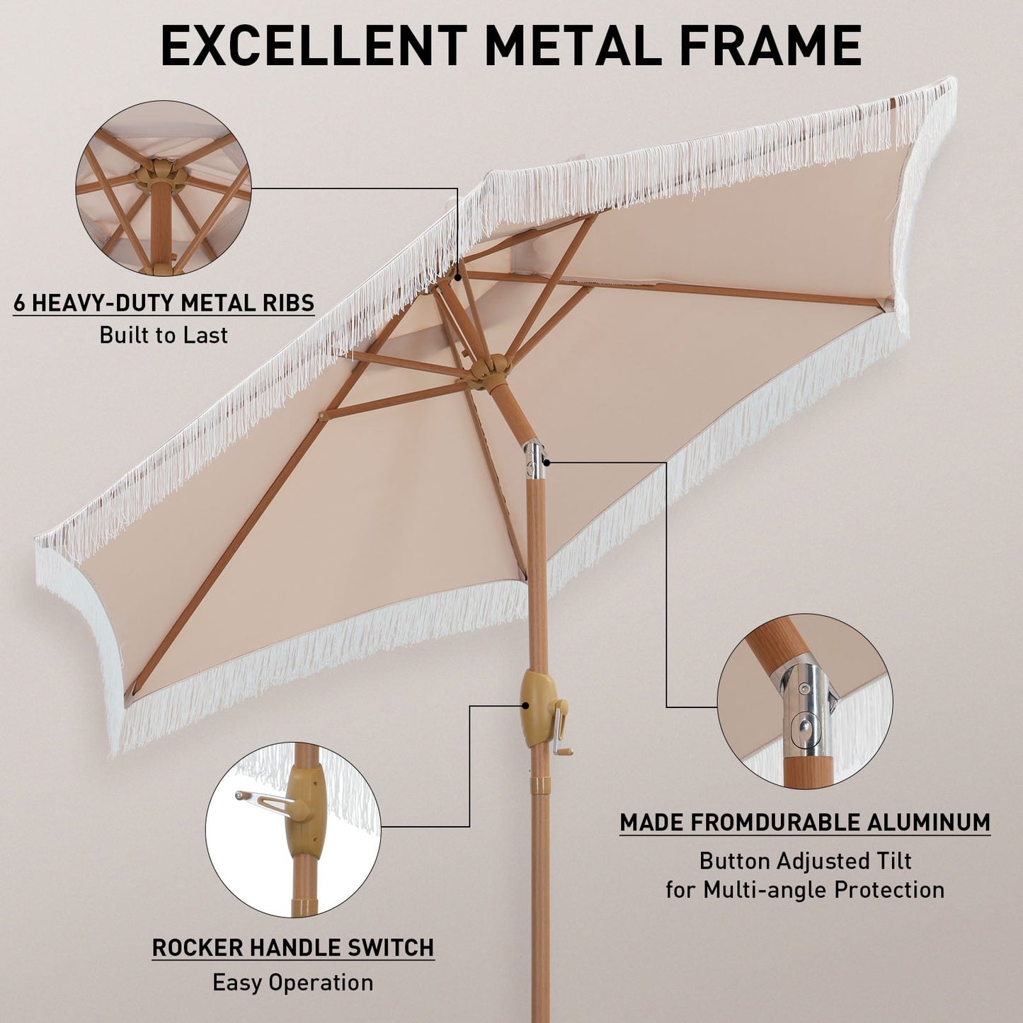Autlaycil 7.5 ft Fringe Patio Umbrella for Beach, Pool, Adjustable Outdoor Market Umbrellas,Tassel Stylish (Khaki)