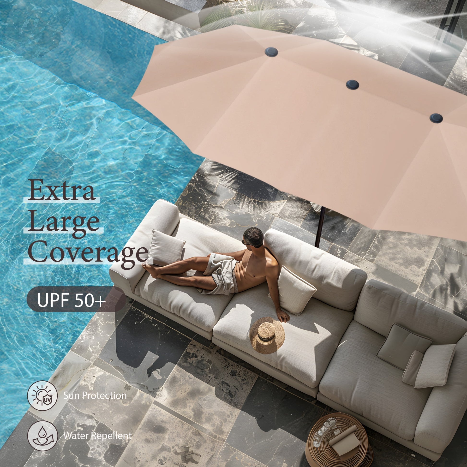 Summit Living 13 ft Large Patio Umbrella Double-Sided Rectangular Outdoor Market Table Umbrella for Outside – Beige