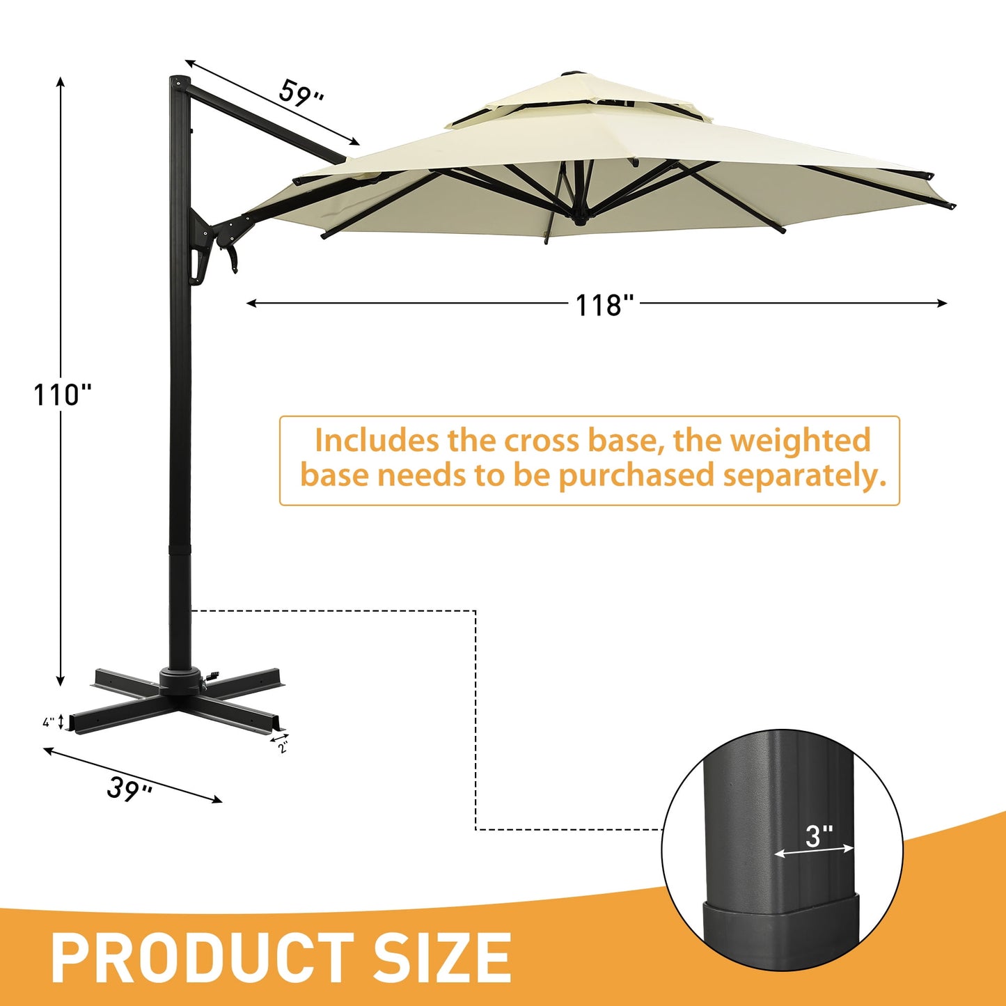 Ainfox 10ft Double Top Heavy-Duty Patio Cantilever Umbrella with Cross Base,5-Year-Non-Fading Outdoor Large Offset Hanging Aluminum Rotation Sun Shade Umbrella with 360°Rotation Adjustable，Beige
