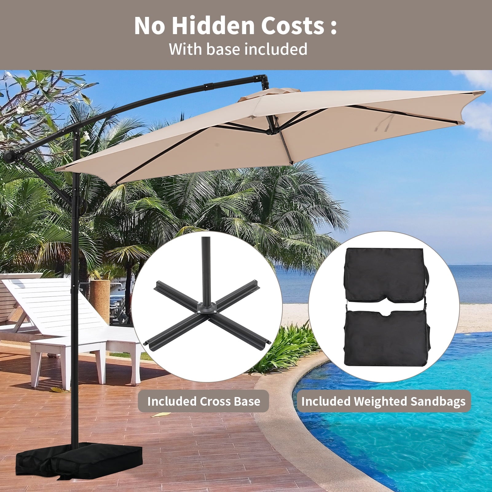 Autlaycil 10FT Cantilever Patio Umbrella, Hanging Offset Umbrella with Umbrella Stand, Khaki