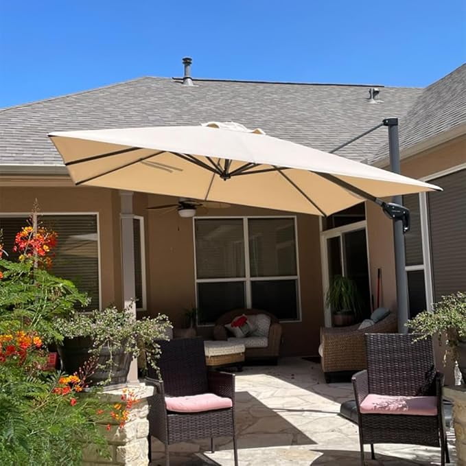 PURPLE LEAF 8x8 Ft Cantilever Umbrella Square Outdoor Patio Umbrella Large Offset Hanging Umbrella Aluminum Umbrella with 360°Rotation Adjustable Garden Pool Umbrella,Beige