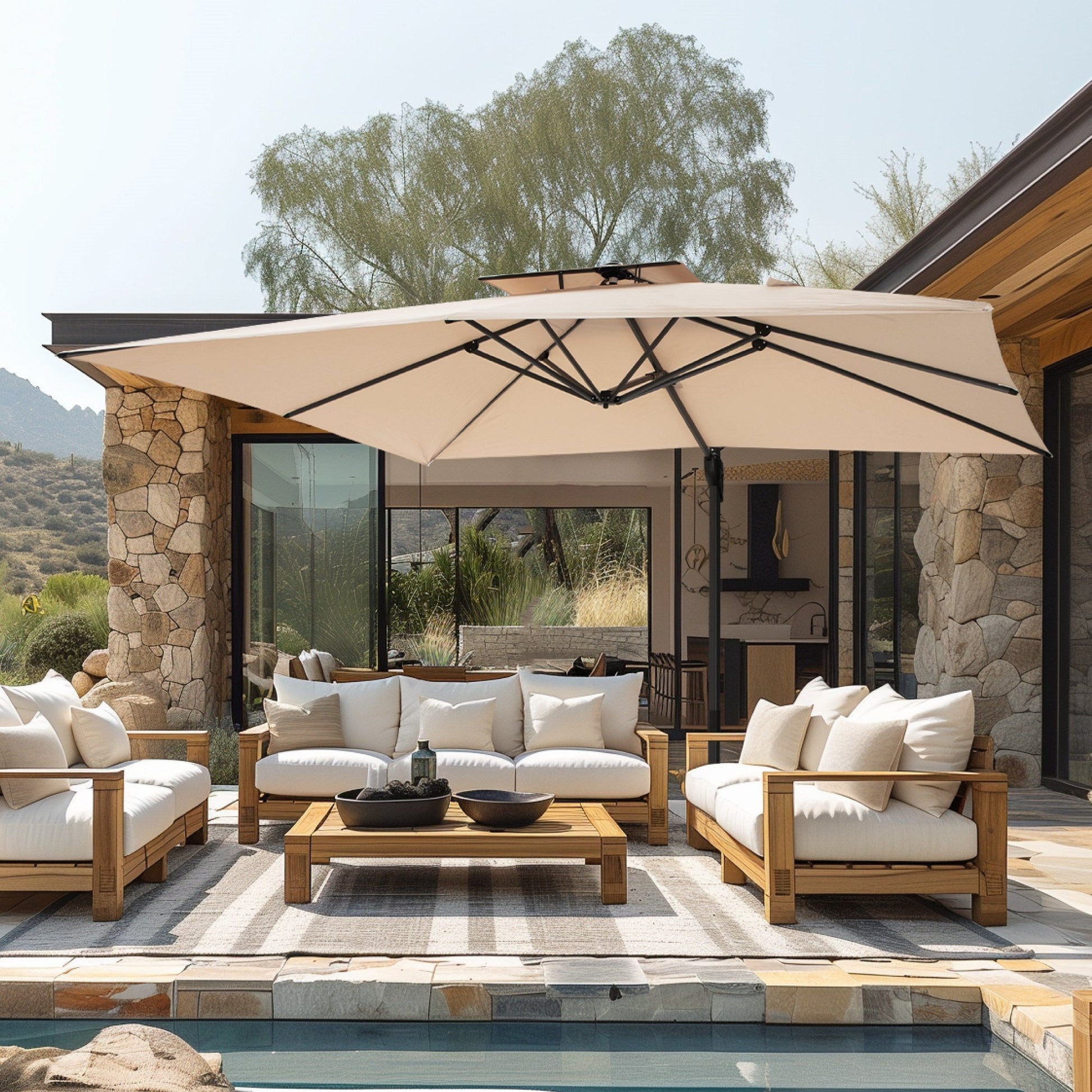 Alpha Joy 12x9ft Outdoor Patio Umbrella Large Rectangle Offset Cantilever Double Umbrella with 360°Rotation, Beige