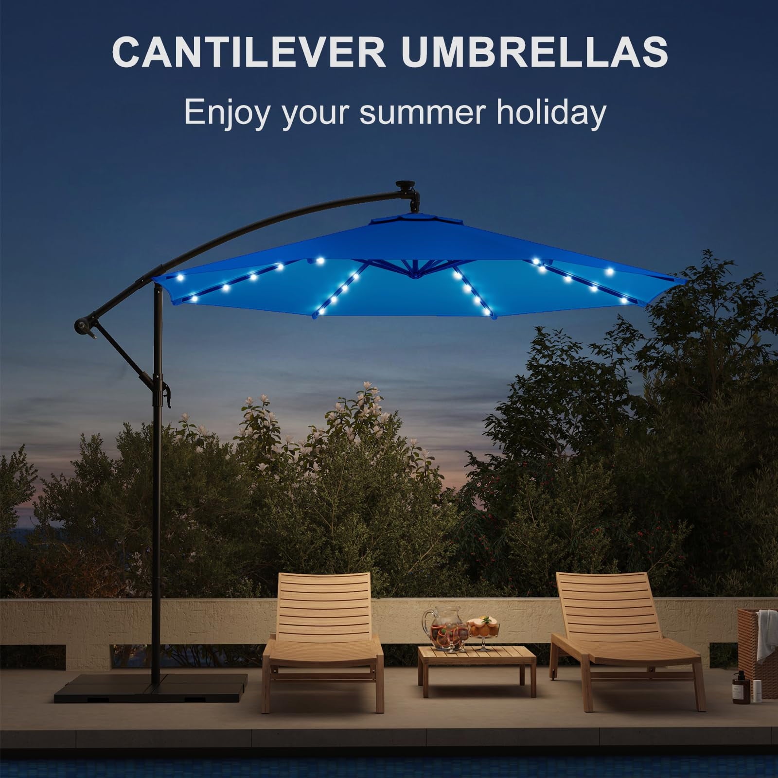 10ft Solar Lighted Patio Umbrella,Outdoor Offset Cantilever Umbrella, Infinite Tilt, Crank and Cross Base, UV Protection for Backyard, Lawn, Garden & Pool, Royal Blue