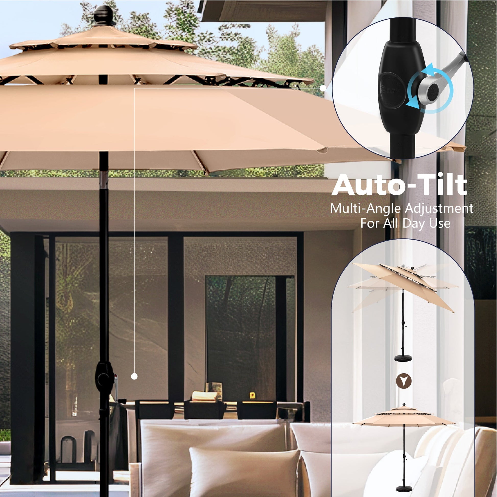 Alpha Joy 10ft 3 Tier Auto-Tilt Outdoor Patio Umbrella Beach Garden Double Vented Table Umbrella with Push Button and Crank, Beige