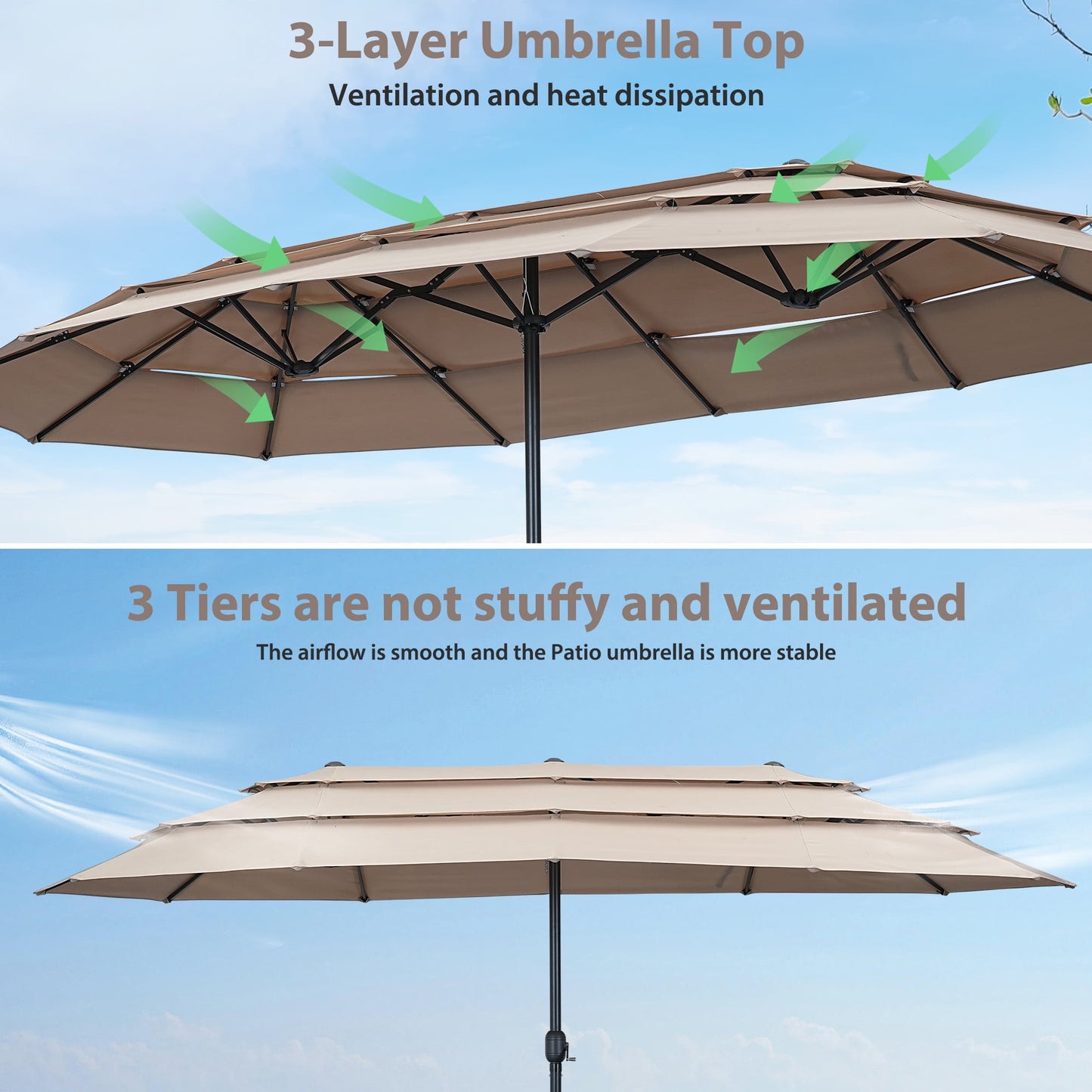 Autlaycil 15ft 3-Tiers Patio Umbrella with Airflow Smooth and Stable, Lock Bolt and Crank Rectangular umbrella for Deck Lawn Garden Yard, Beige