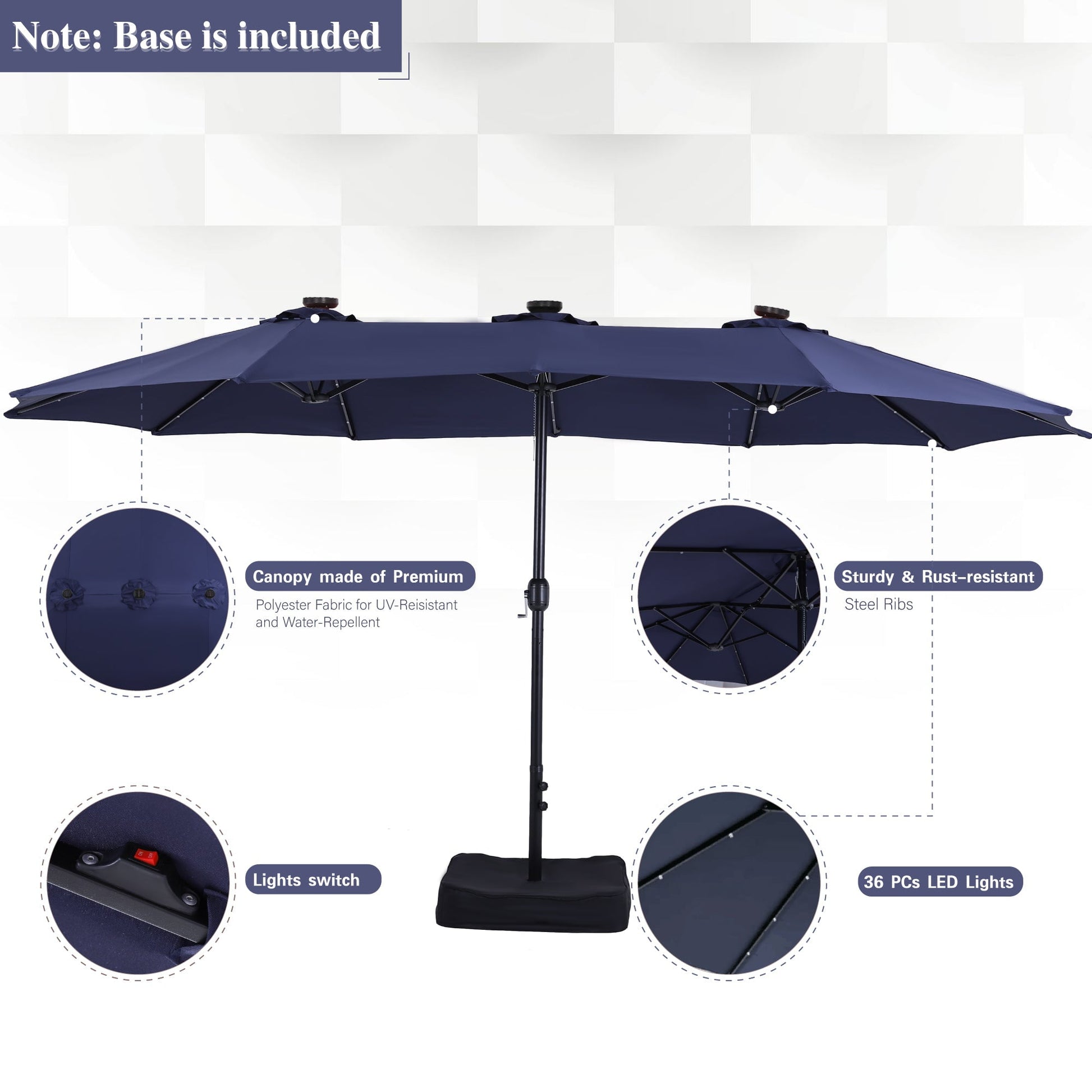 Alpha Joy 15ft Extra Large Outdoor Patio Double-Sided Umbrella with Solar Lights & Umbrella Base, Navy Blue