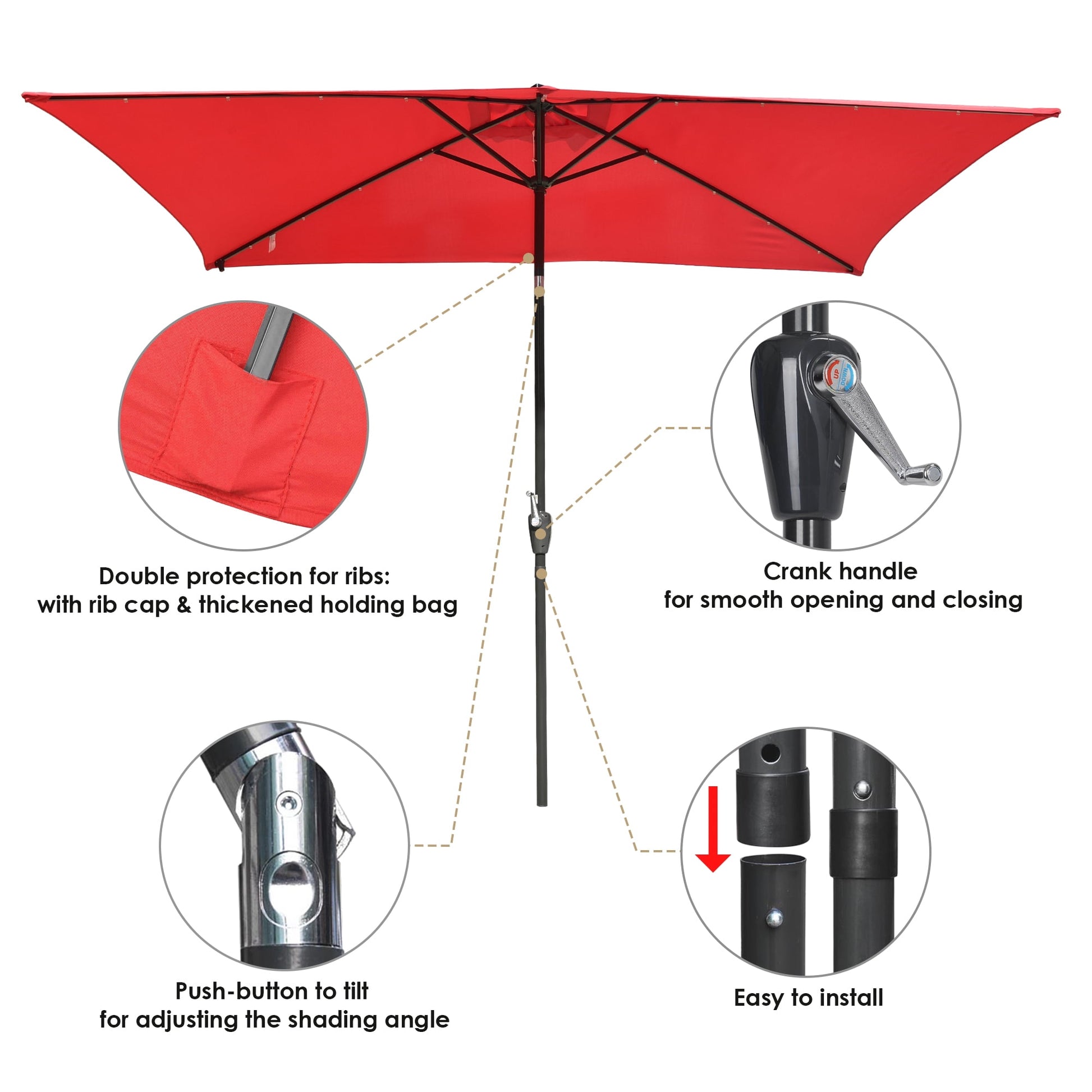 Yescom 10x6.5FT Rectangle Outdoor Solar LED Patio Umbrella with Crank Tilt for Table Market Yard Deck Pool Party Red