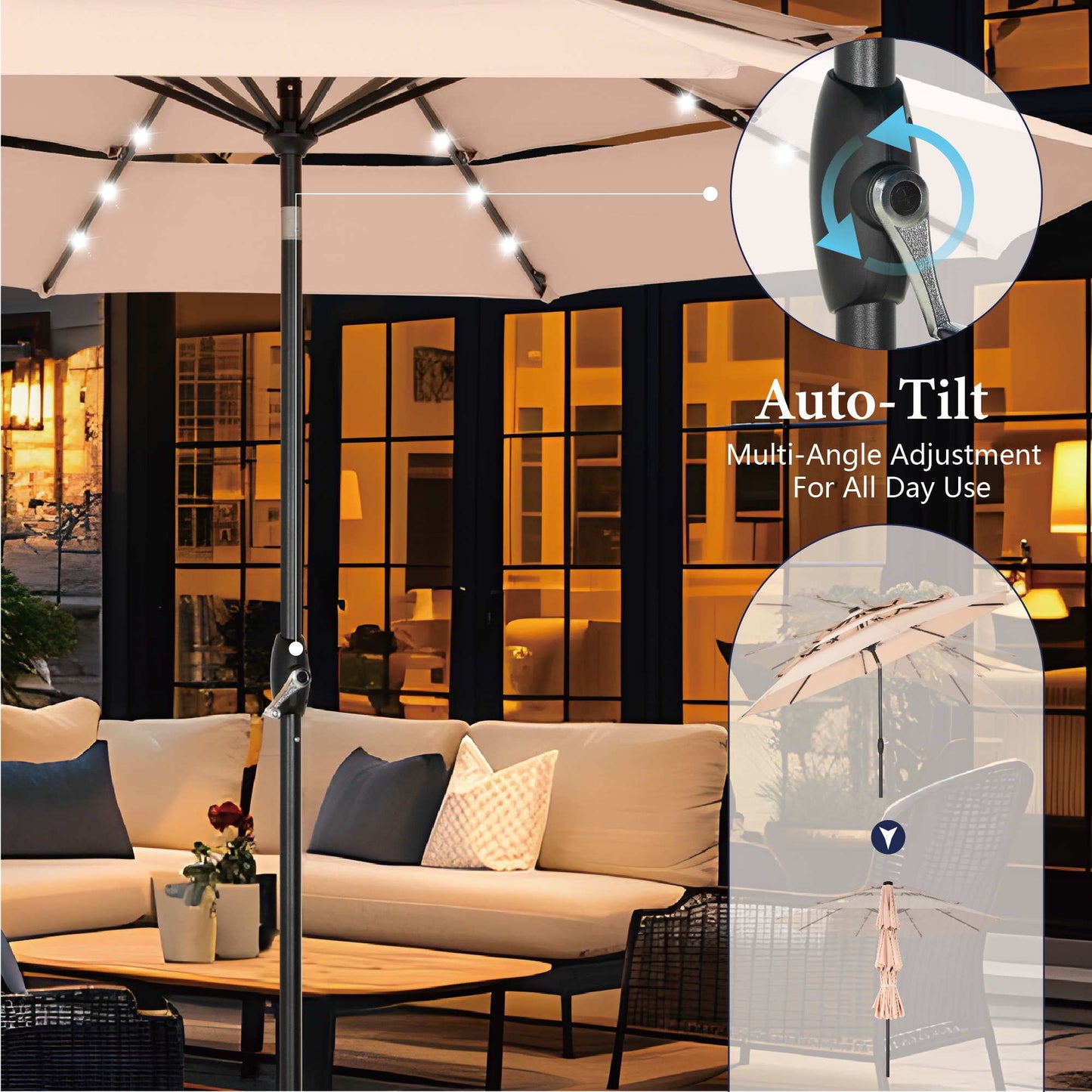 Summit Living 10ft Patio Umbrella with Solar Lights 3-Tier Vented Outdoor Market Umbrella with Auto-Tilt – Beige