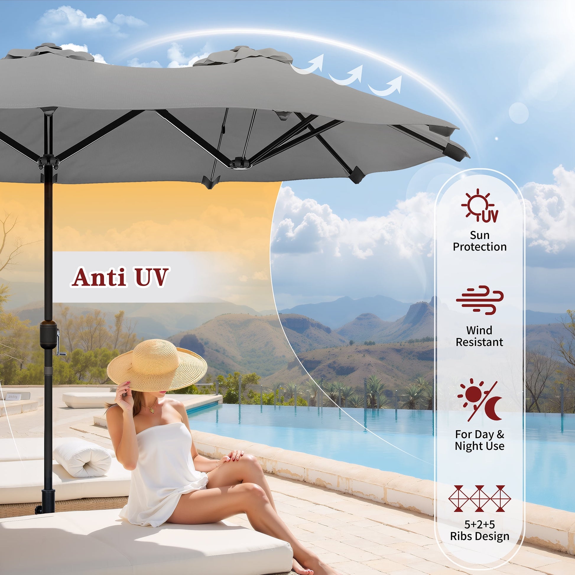Walsunny 13 FT Outdoor Patio Umbrella with Base Included, Large Double-Sided Rectangular Umbrella with Crank Handle for Outside, Gray