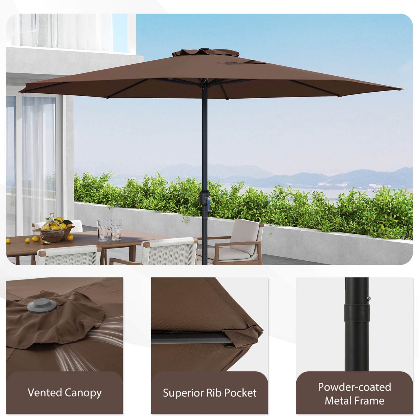 Costway 12 FT Patio Umbrella Outdoor Market Umbrella with Crank Handle 8 Sturdy Ribs Coffee