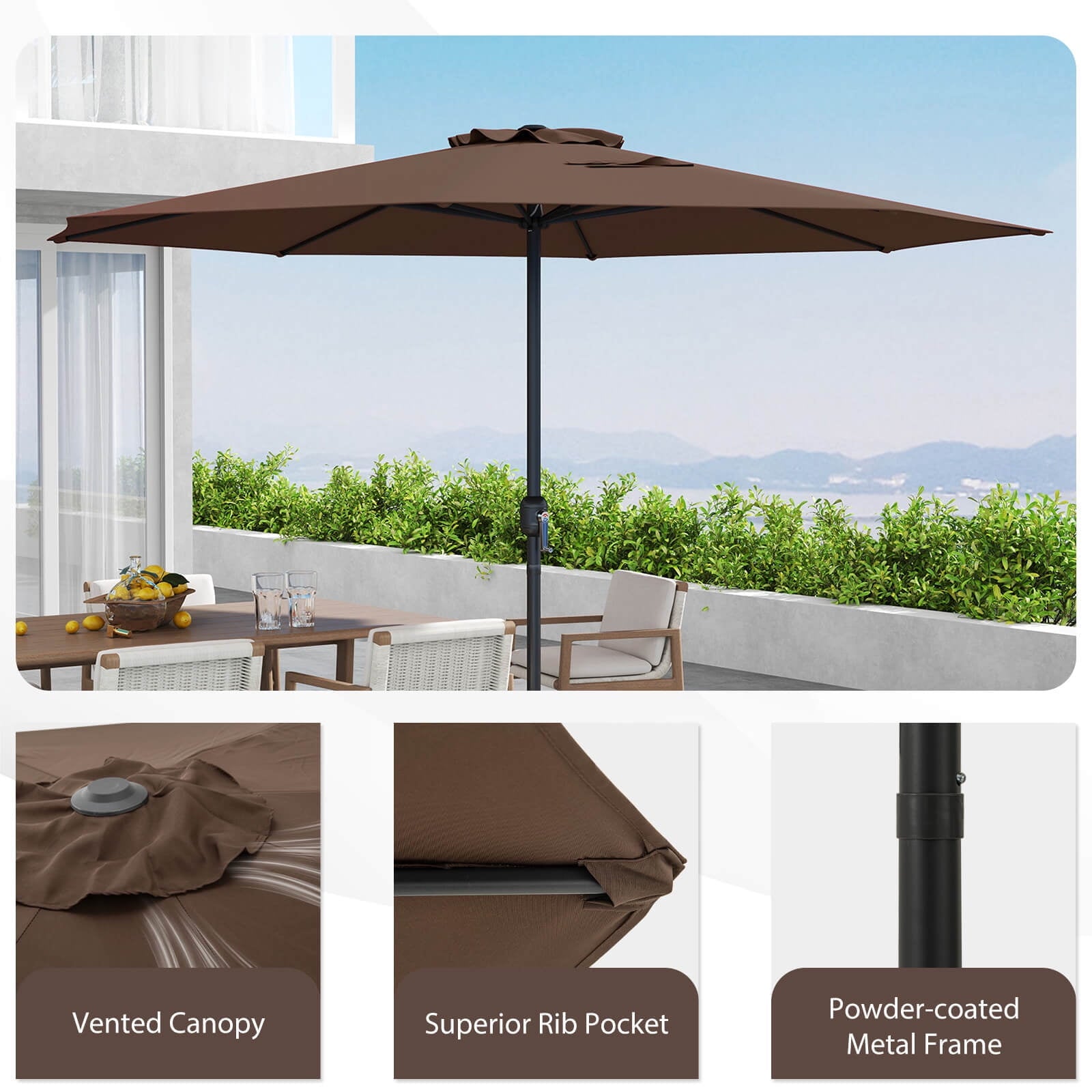 Costway 12 FT Patio Umbrella Outdoor Market Umbrella with Crank Handle 8 Sturdy Ribs Coffee