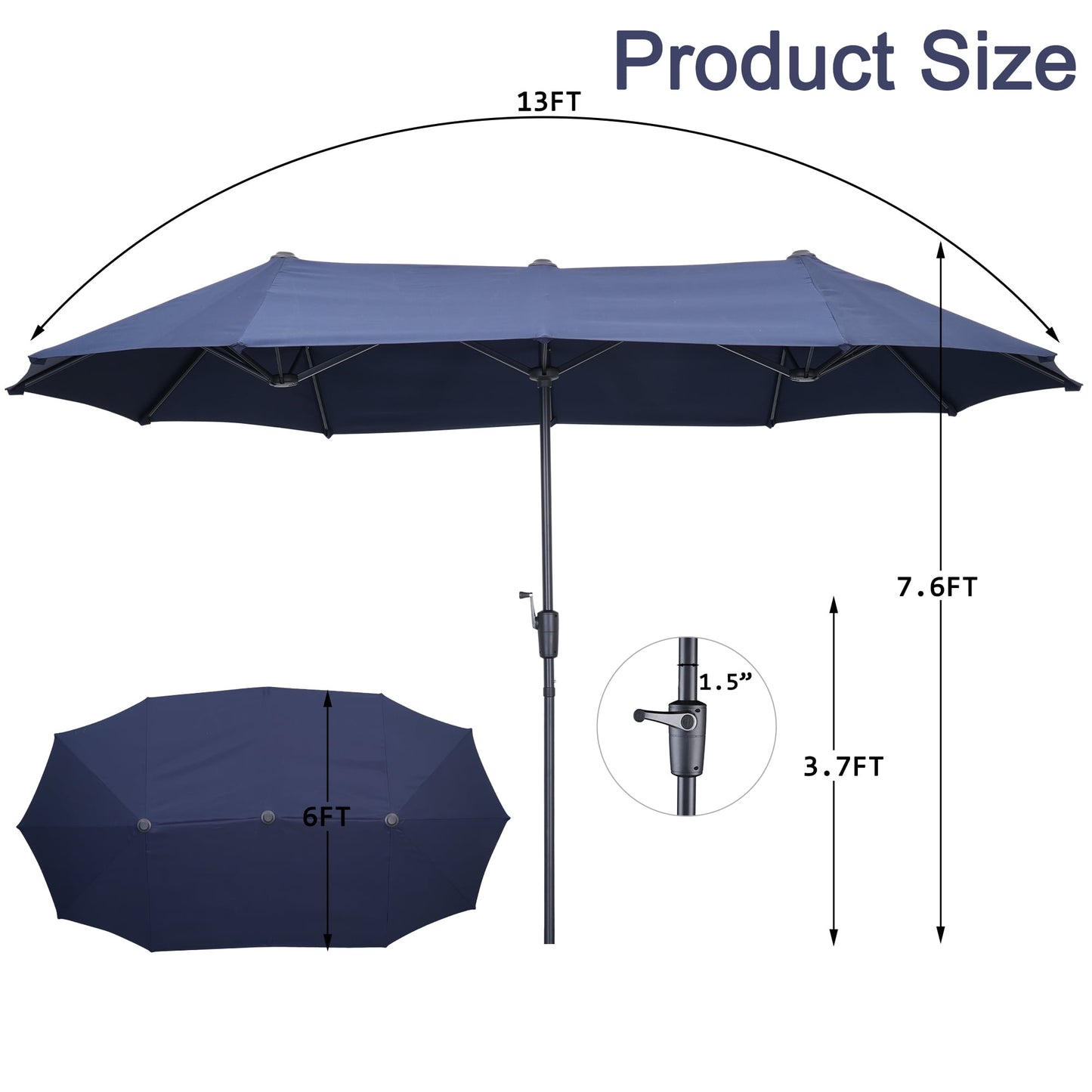 Autlaycil 13 ft Rectangle Patio Umbrella with Crank, Outdoor Market Umbrella (Navy Blue)