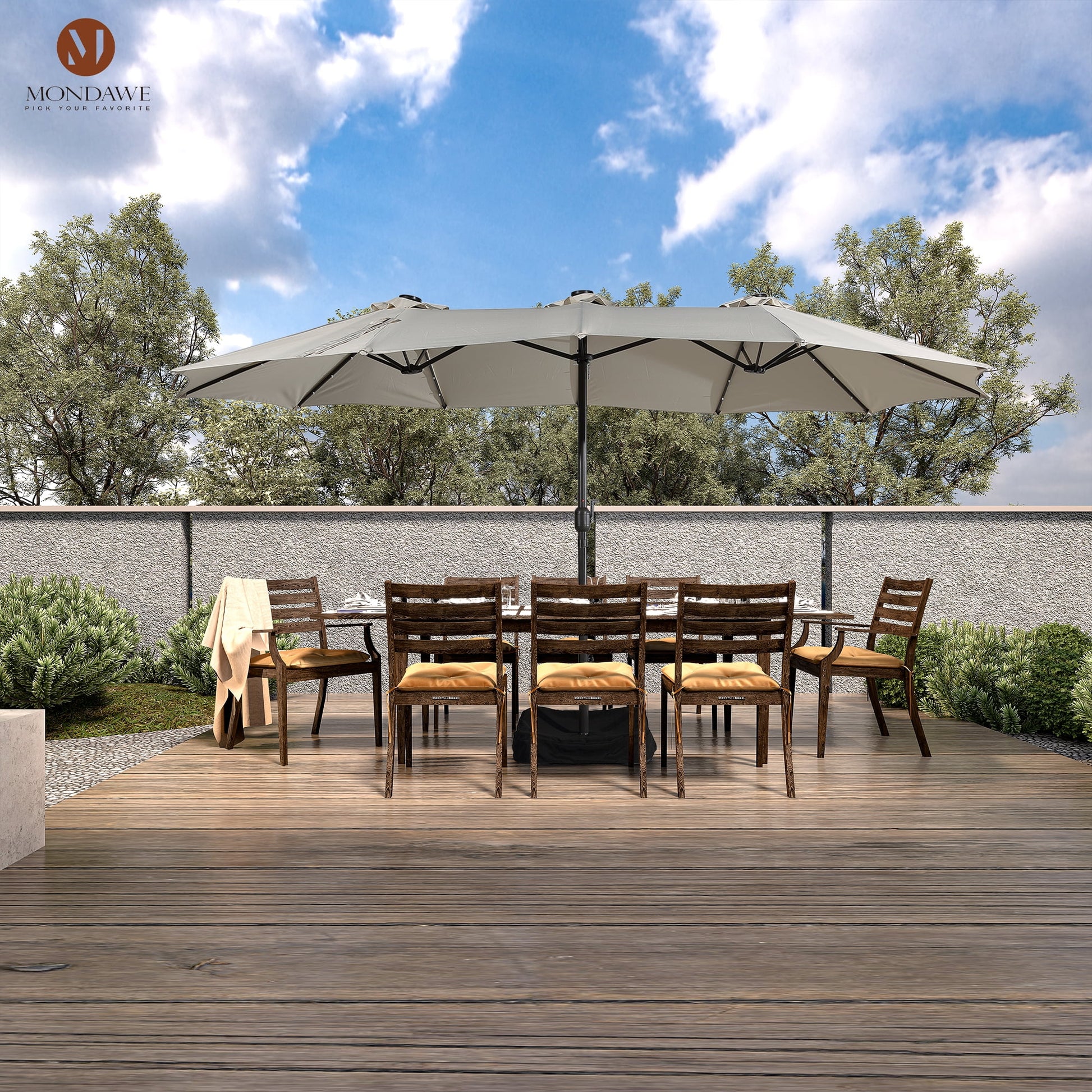15ft Large Patio Umbrella with Solar Lights, Double-Sided Outdoor Market Rectangle Beach Umbrellas with 36 LED Lights, Umbrella Base (Stand) Included