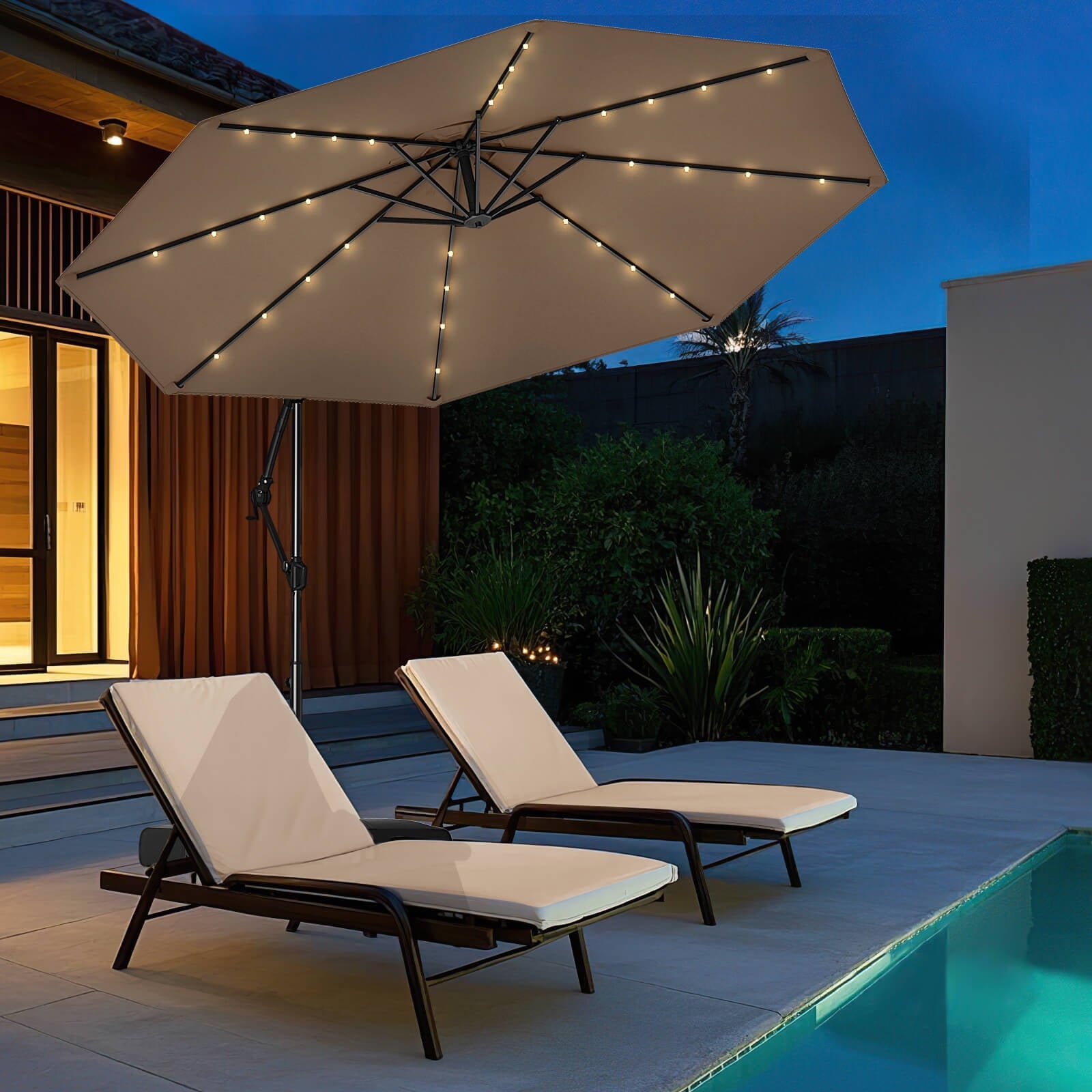 Costway 10 FT Solar Offset Hanging Umbrella Patio Cantilever Umbrella with 32 LED Lights Brown