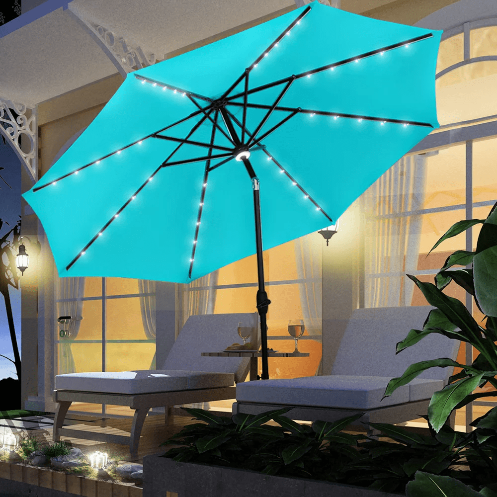 Autlaycil 10 ft Solar Patio Umbrellas with 40 LED lights for Market Outdoor Pool, Steel Tilt Crank, Blue