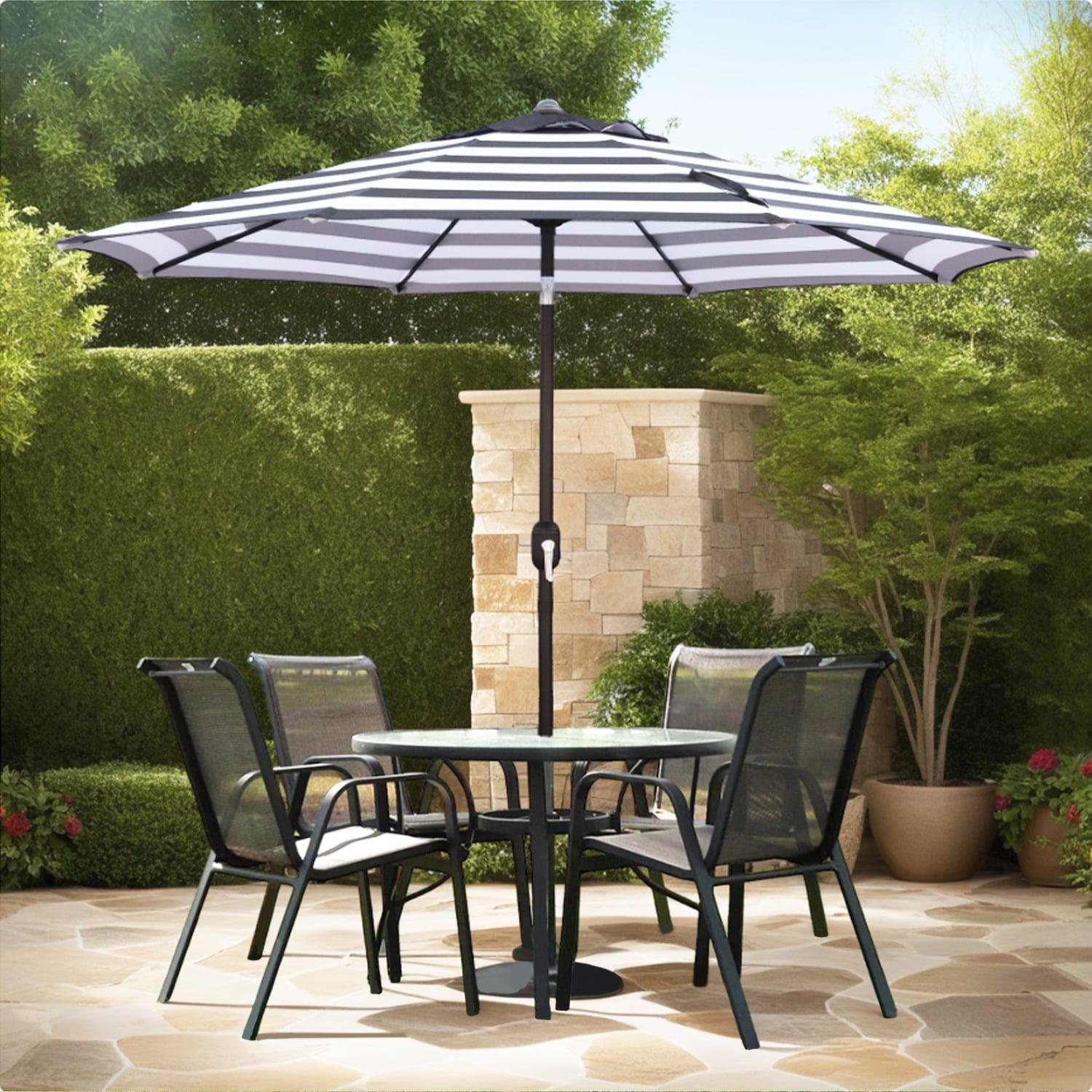 Abble 9FT Black and White Stripe Outdoor Patio Umbrella with Push Button Tilt and Crank Handle, Market Umbrella with 8 Sturdy Umbrella Ribs, Waterproof for Garden Deck Backyard Pool
