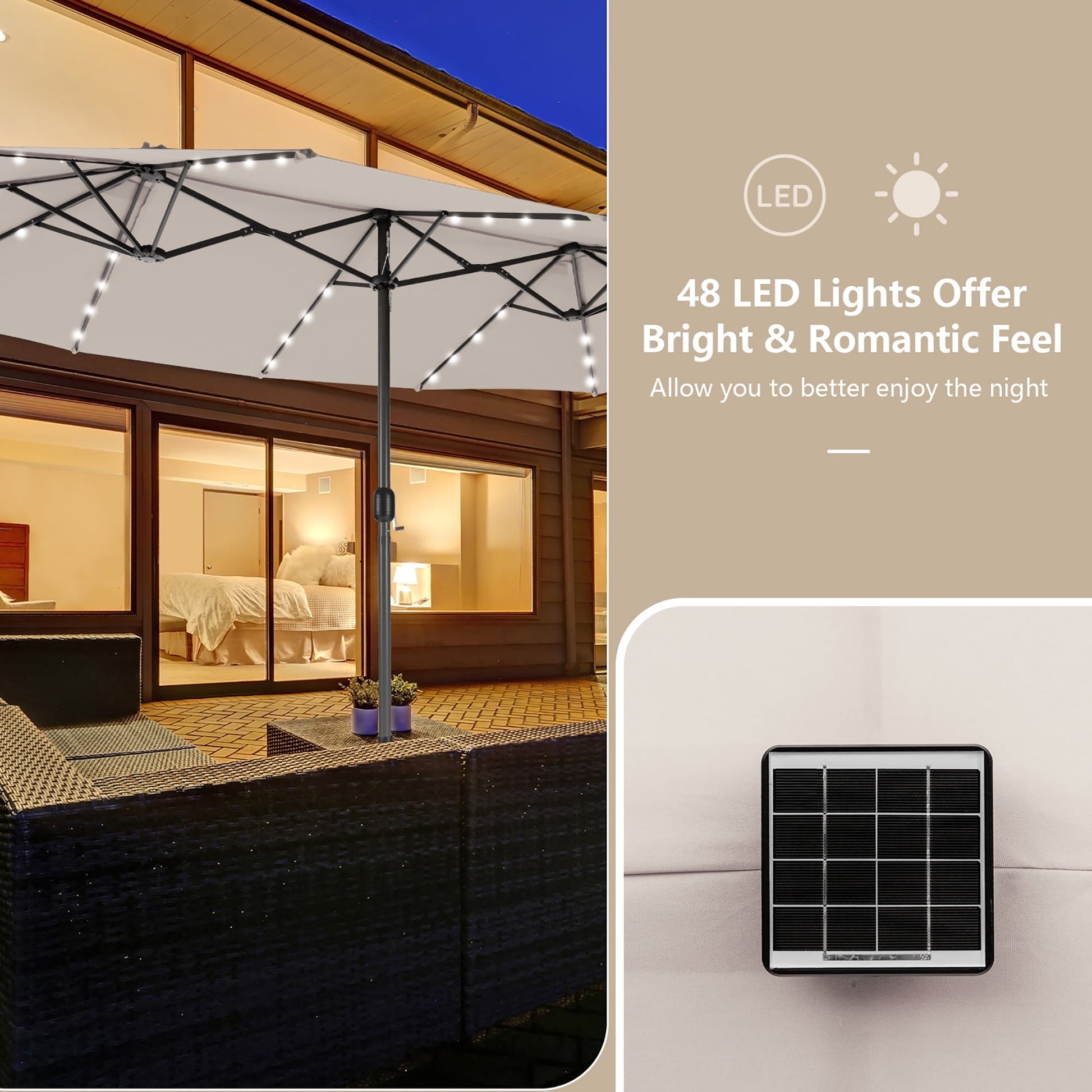 Costway 15FT Twin Patio Double-Sided Umbrella 48 Solar LED Lights Crank Outdoor Beige