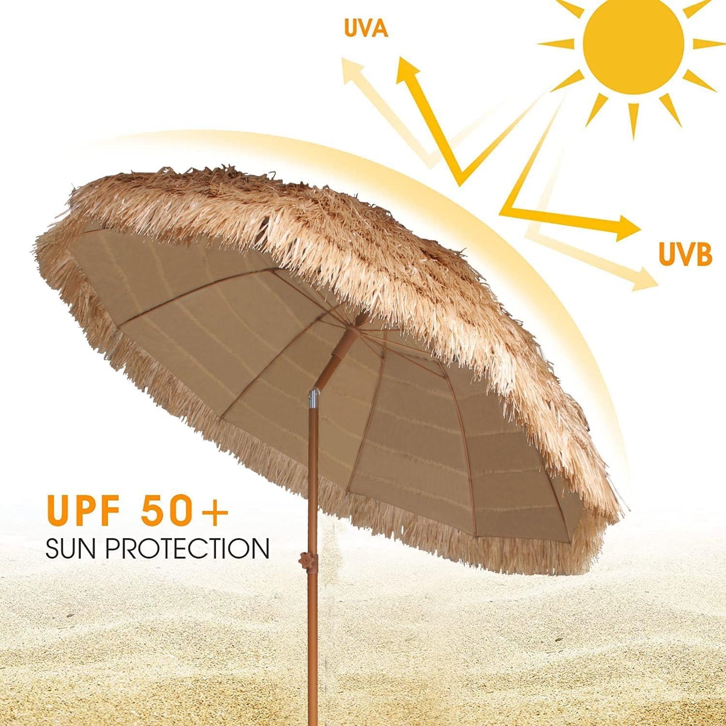 AMMSUN 7.5ft Hula Thatched Hawaiian Tiki Straw Outdoor Umbrella for Pool Patio Beach UPF50+,Brown