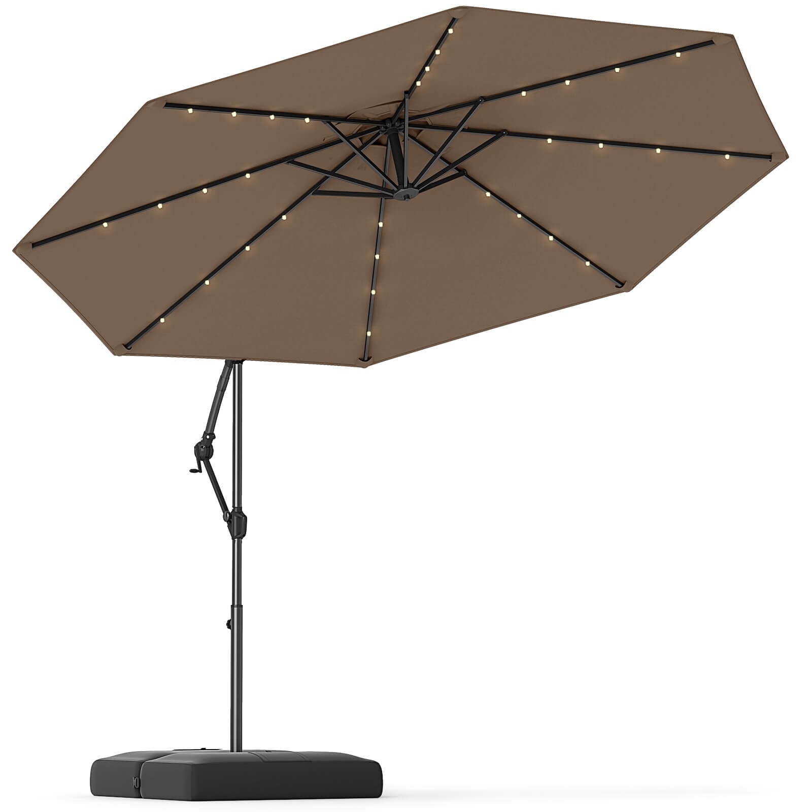 Costway 10 FT Solar Offset Hanging Umbrella Patio Cantilever Umbrella with 32 LED Lights Brown