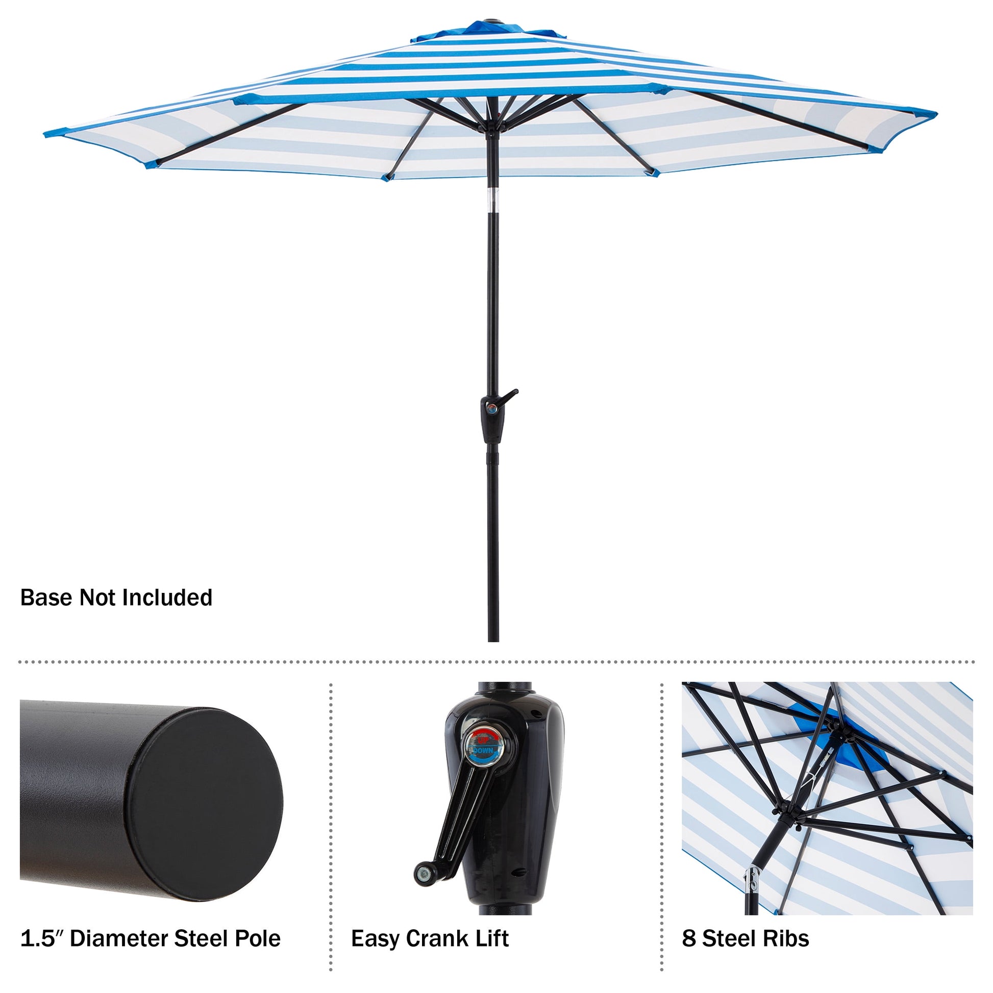 Pure Garden 9ft Striped Patio Umbrella with Crank and Tilt, Outdoor Sunshade for Table, Blue/White