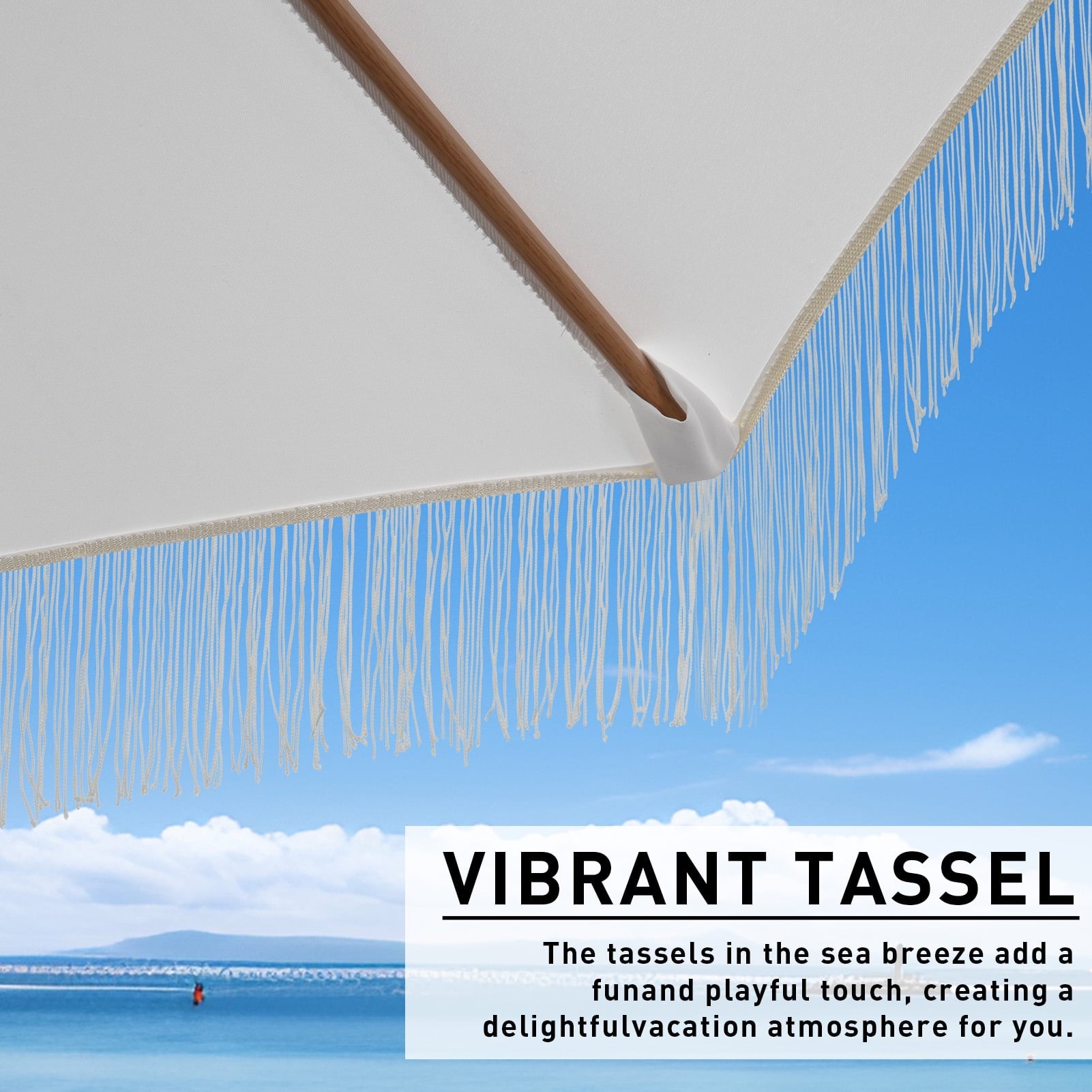 Autlaycil 7.5 ft Fringe Patio Umbrella, Outdoor Table Tassels Umbrella with Push Button Tilt and Crank (White)