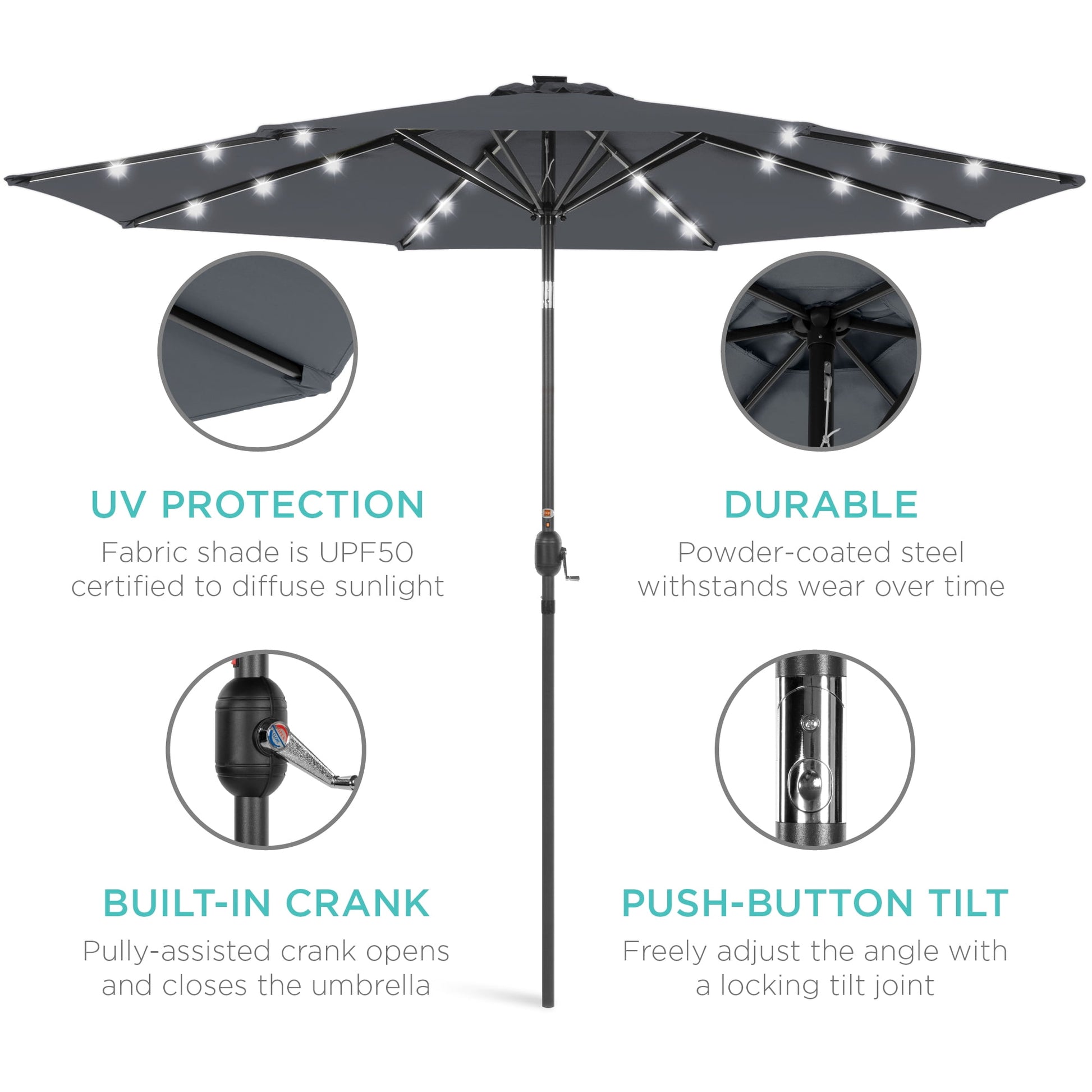 Best Choice Products 10ft Solar LED Lighted Patio Umbrella w/ Tilt Adjustment, UV-Resistant Fabric - Slate