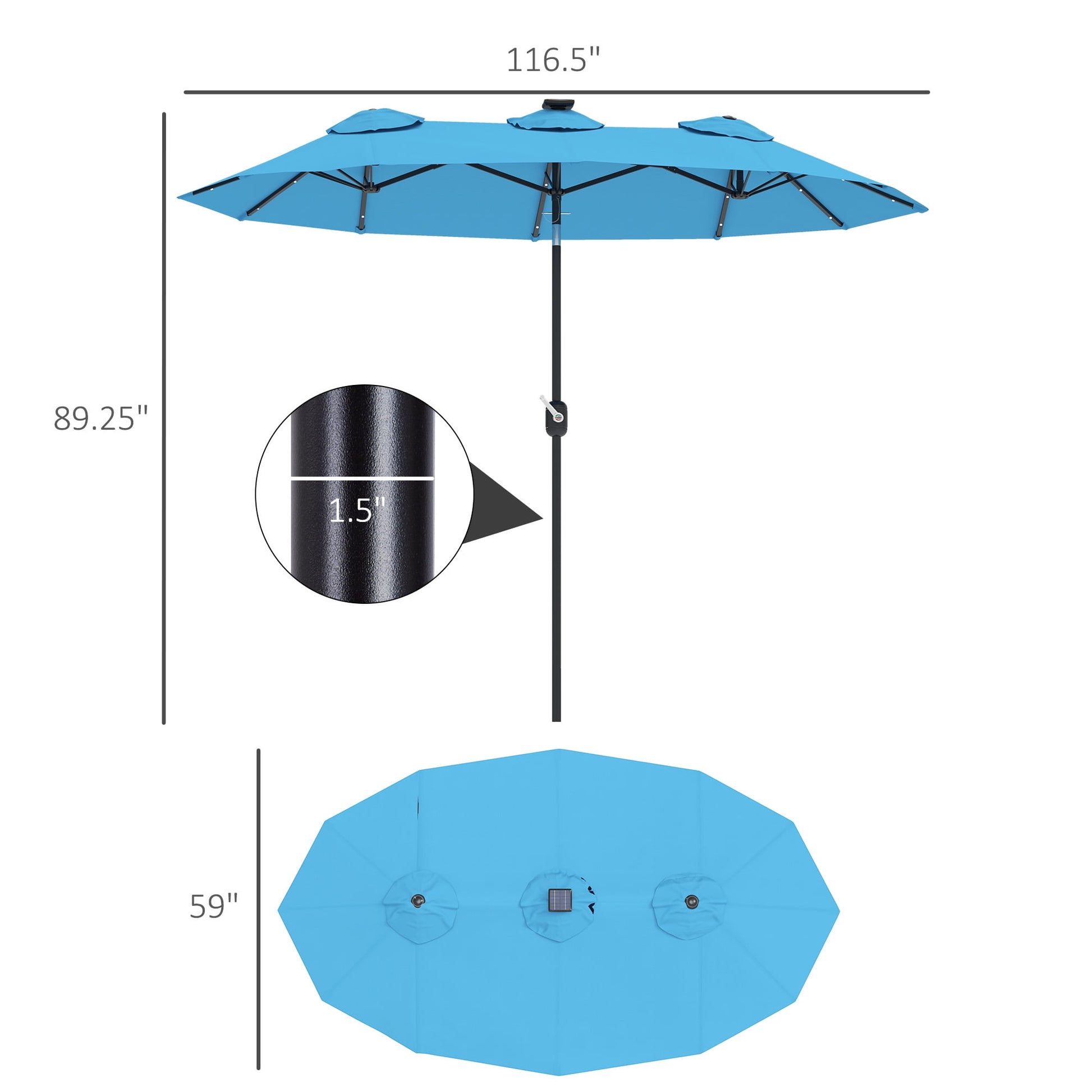 Outsunny 9.7' Double-sided Patio Umbrella with LED Solar Light, Tilt and Crank, Outdoor Umbrella, Light Blue