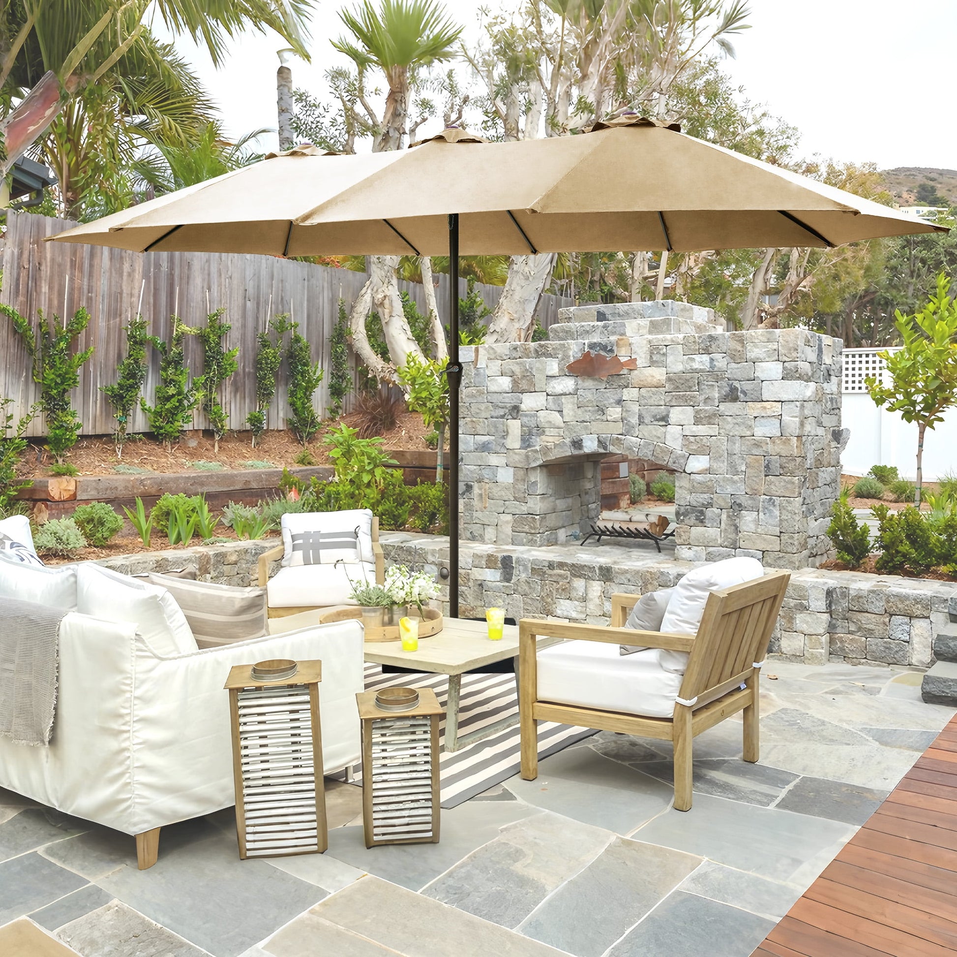 Greforg 15FT Triple Outdoor Patio Umbrella with Base Included & Vented Canopy, Waterproof & UV Protection, Ideal for Garden, Deck, Poolside, and Restaurant Beige