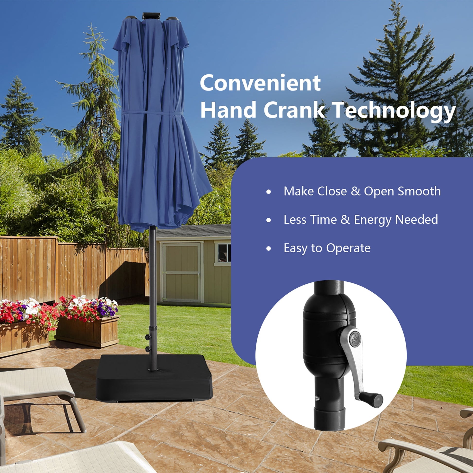 Gymax Outdoor 15' Double-Sided Patio Umbrella 48 Solar LED Lights Crank & Base Navy