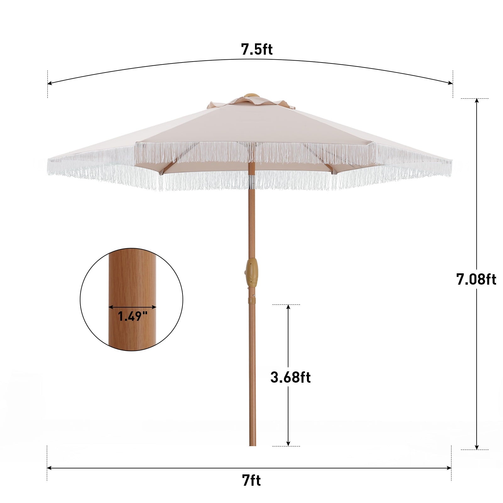 Autlaycil 7.5 ft Fringe Patio Umbrella for Beach, Pool, Adjustable Outdoor Market Umbrellas,Tassel Stylish (Khaki)