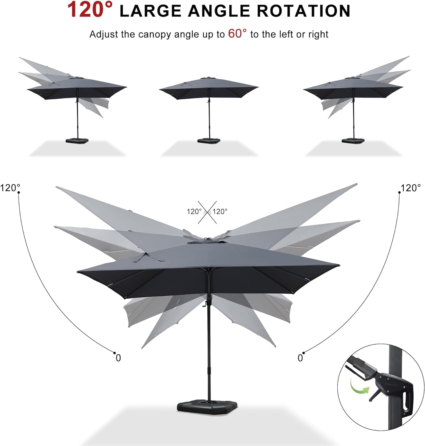PURPLE LEAF 10x10 Ft Cantilever Umbrella Left-right Tilting Swivel Square Outdoor Patio Umbrella Large Offset Aluminum Umbrella with 360°Rotation Adjustable Pool Umbrella,Gray