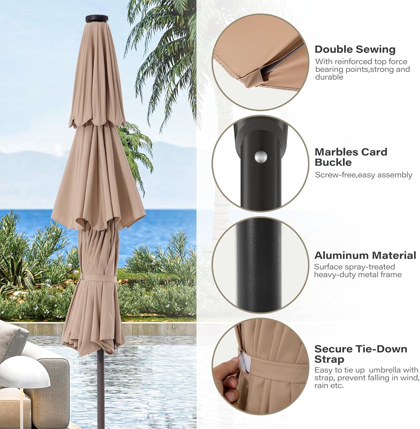 LAUSAINT HOME 10ft Patio Umbrella with Solar Lights, 3-tier Outdoor Umbrellas for Patio Pool Deck Market, Beige