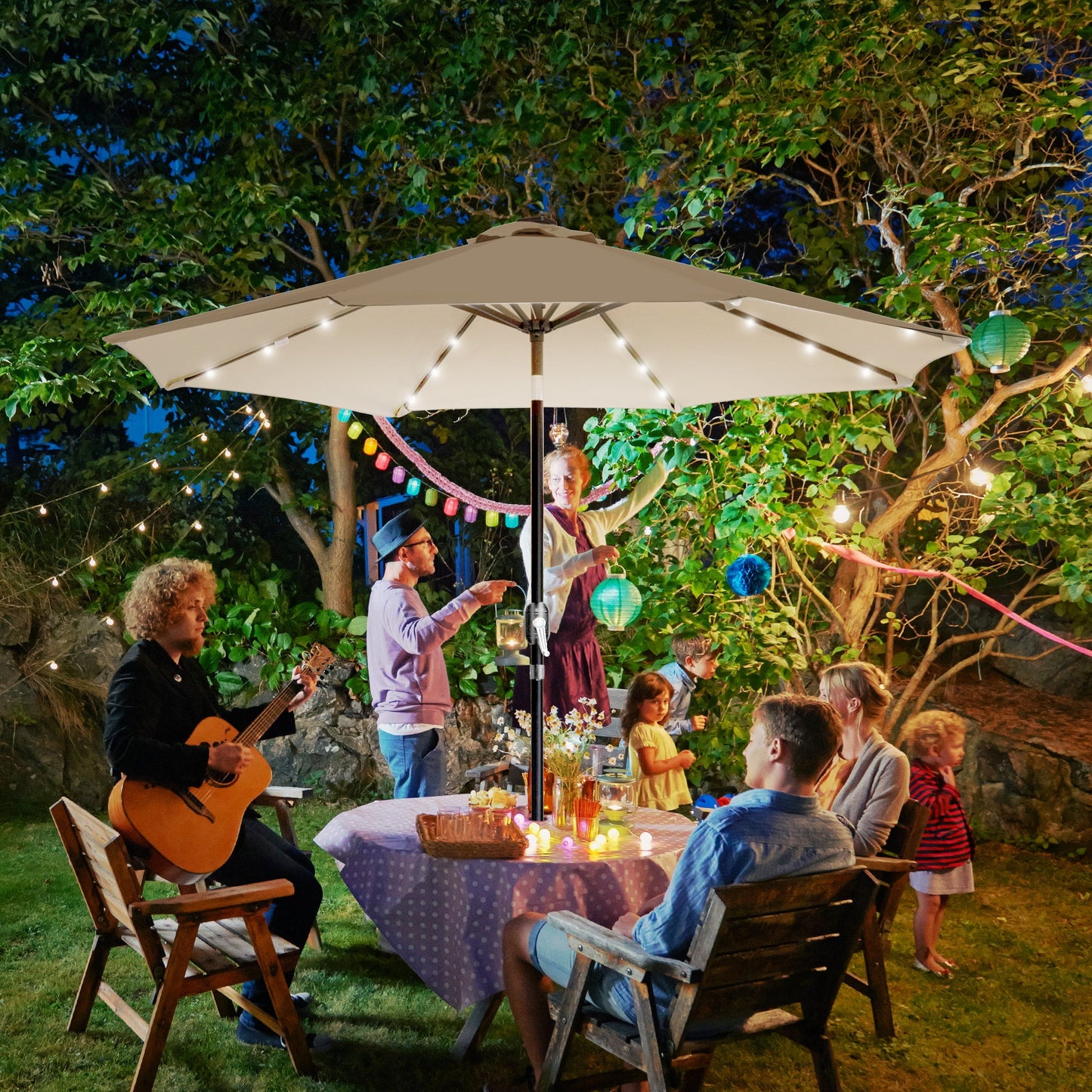 Sun-Ray 9 FT 32 LED Patio Solar Umbrella w/ Push Button Tilt and Crank Outdoor Umbrella Taupe
